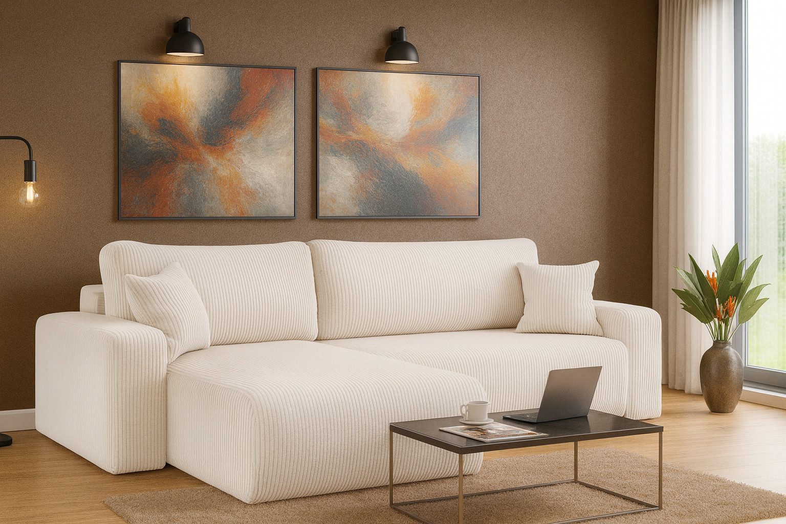 M-Punkt24 Ecksofa LYON, mit Bettfunktion – Feiner Cord Stoff – HR Schaum RG30 – Rundes Design – Universell rechts & links stellbar