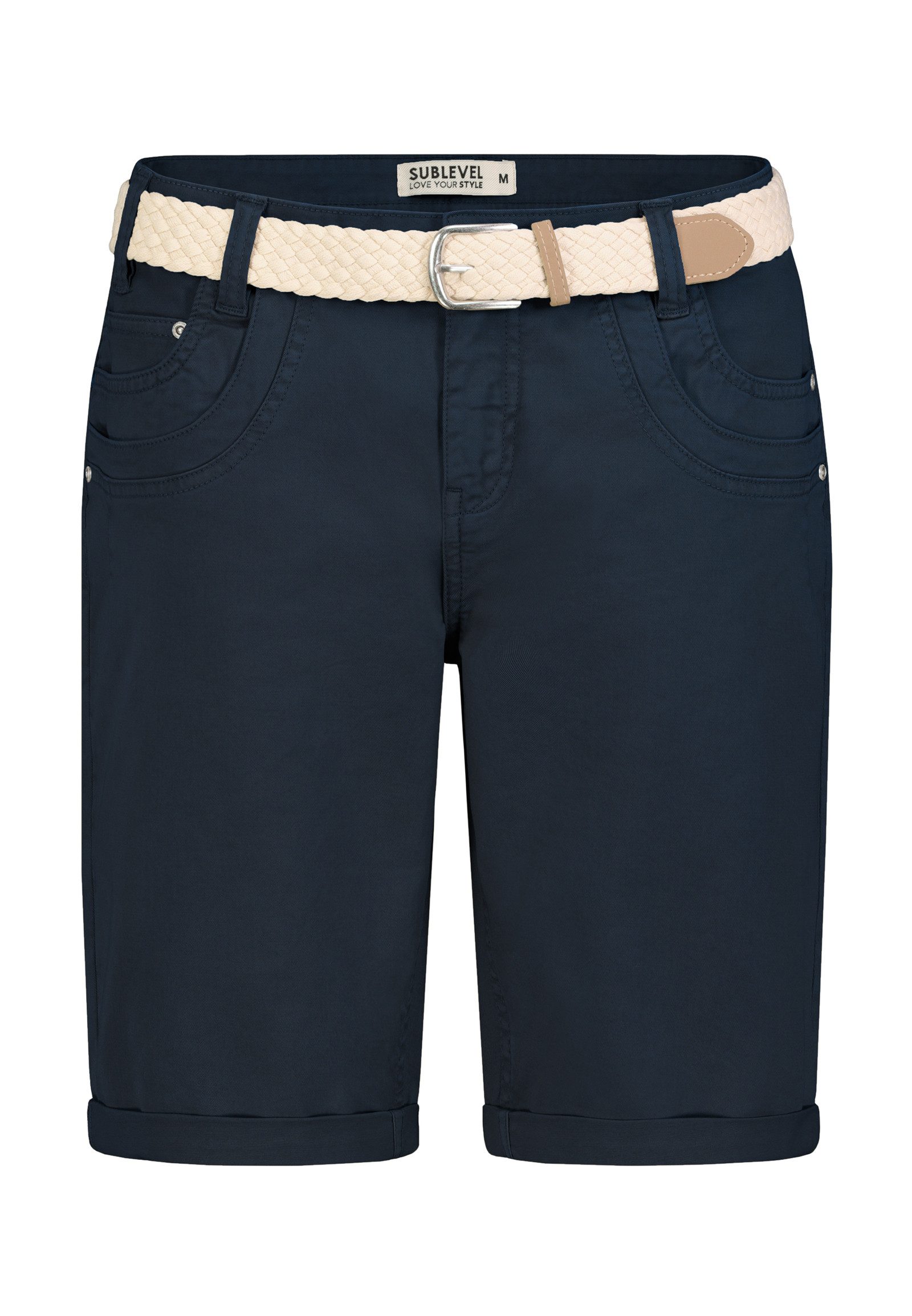 SUBLEVEL Bermudas Damen Sommer Stoffhose kurz mit buntem Flechtgürte Sommerhose, kurze Chinohose, Shorts mit Gürtel