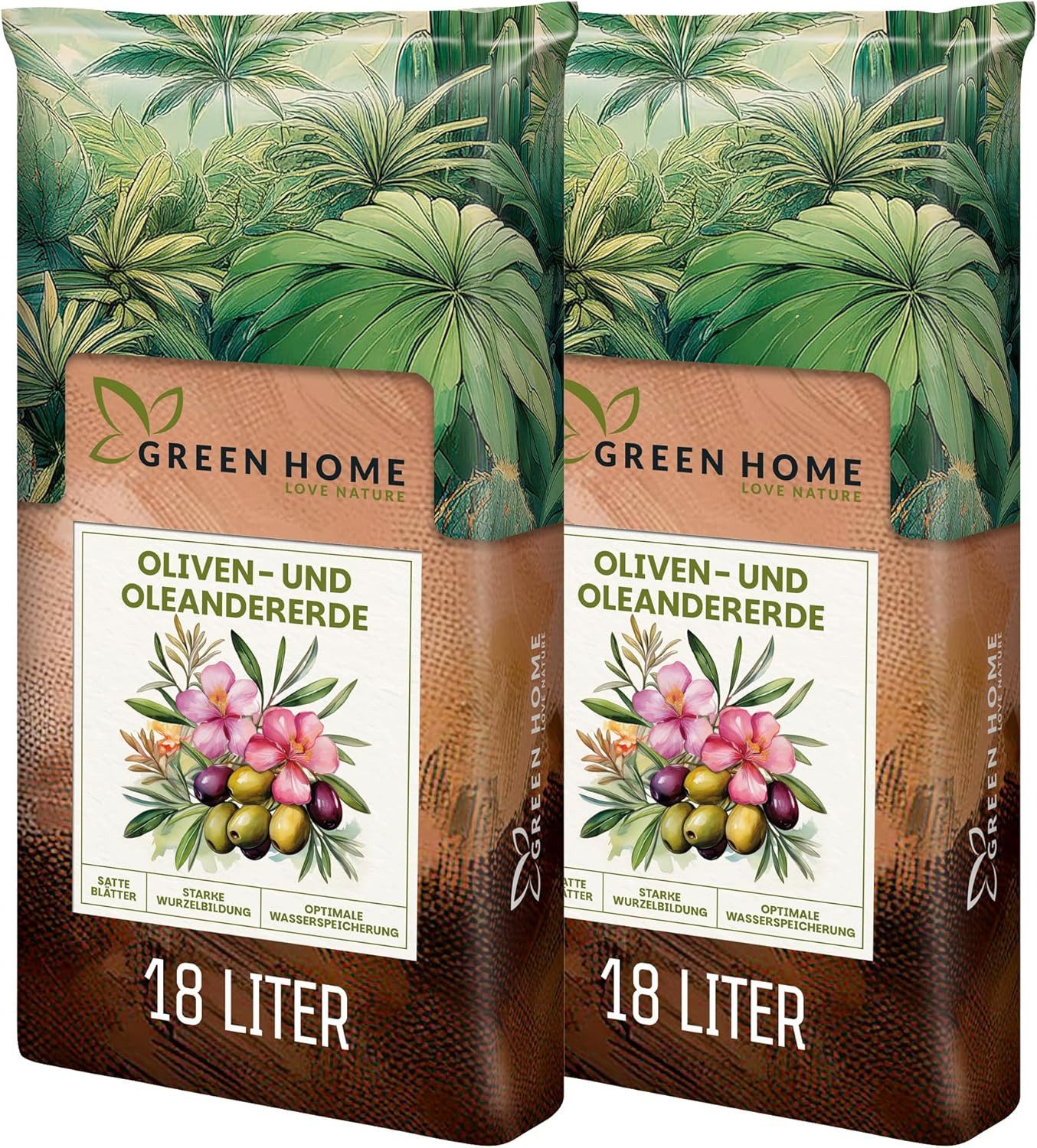 GREEN HOME LOVE NATURE Spezialerde Olivenbaum- & Oleandererde für mediterrane Pflanzen, Langzeitdünger 18 L, 36 L, 72 L, Langzeitdünger, Perlite, Kokosfasern, pH 5,8, gute Drainage