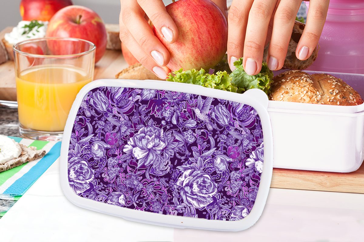 - für Lunchbox Jungs MuchoWow Lila, Kinder - und für Mädchen Kunststoff, (2-tlg), Kolibri Rosen Erwachsene, weiß und Brotdose, Brotbox