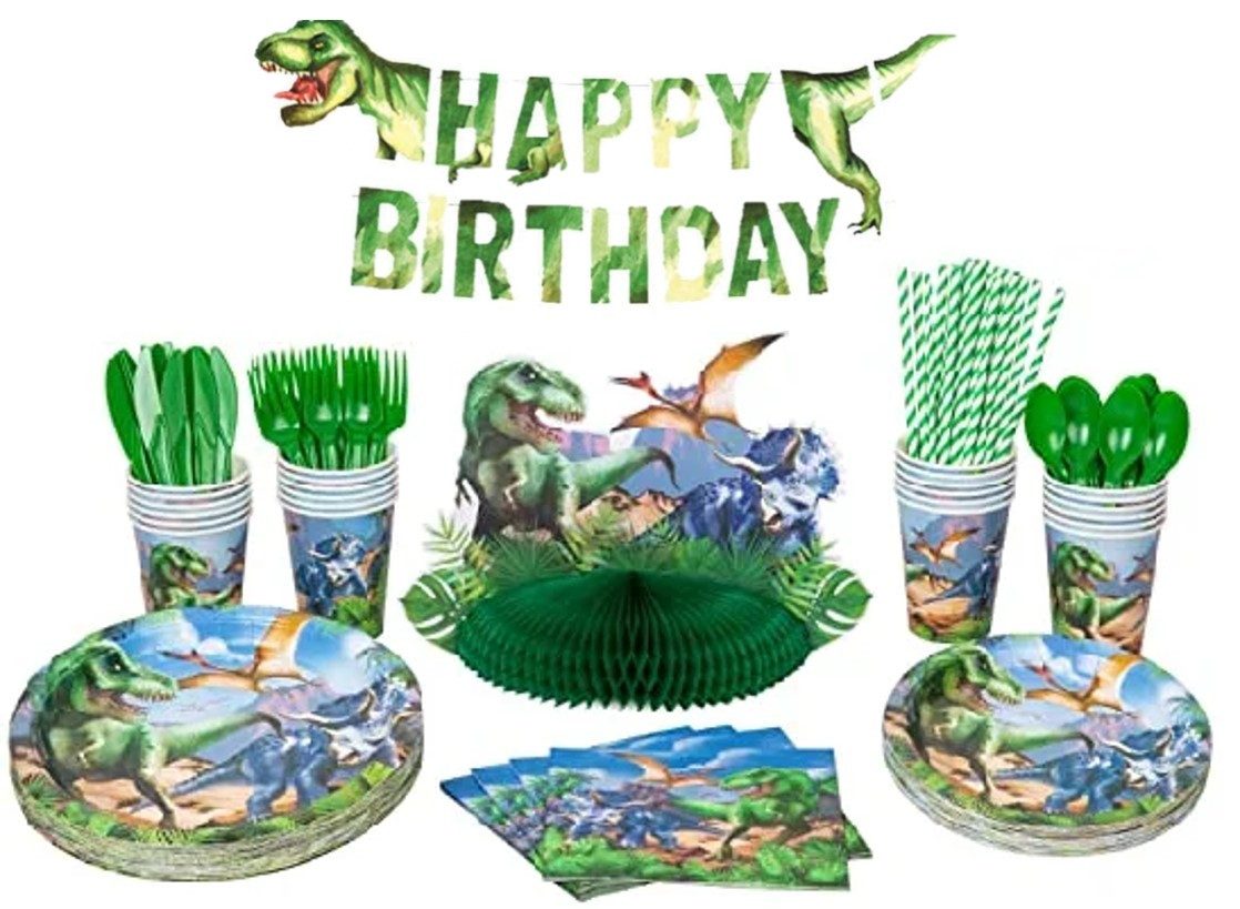 PartyFlamingo Kindergeschirr-Set Dinosaurier Party Geschirr Set Dino Zug Teller Geburtstag Kinder (66-tlg), 16 Personen