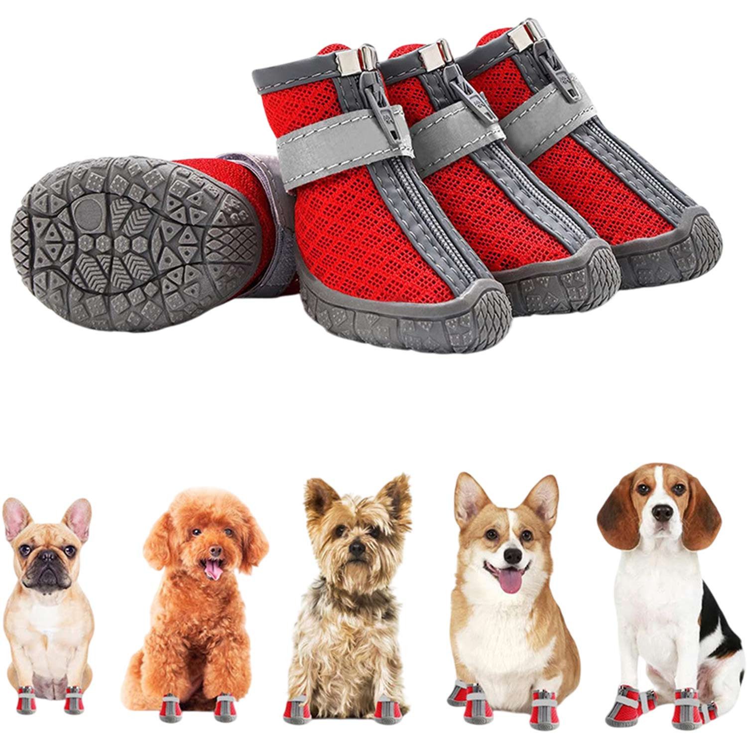 Refttenw Pfotenschutz Hundeschuhe Pfotenschutz Outdoor mit Reflektorstreifen Klettverschluss, Atmungsaktive, Anti-Rutsch, Sanddichtem, für kleine & mittlere Hunde