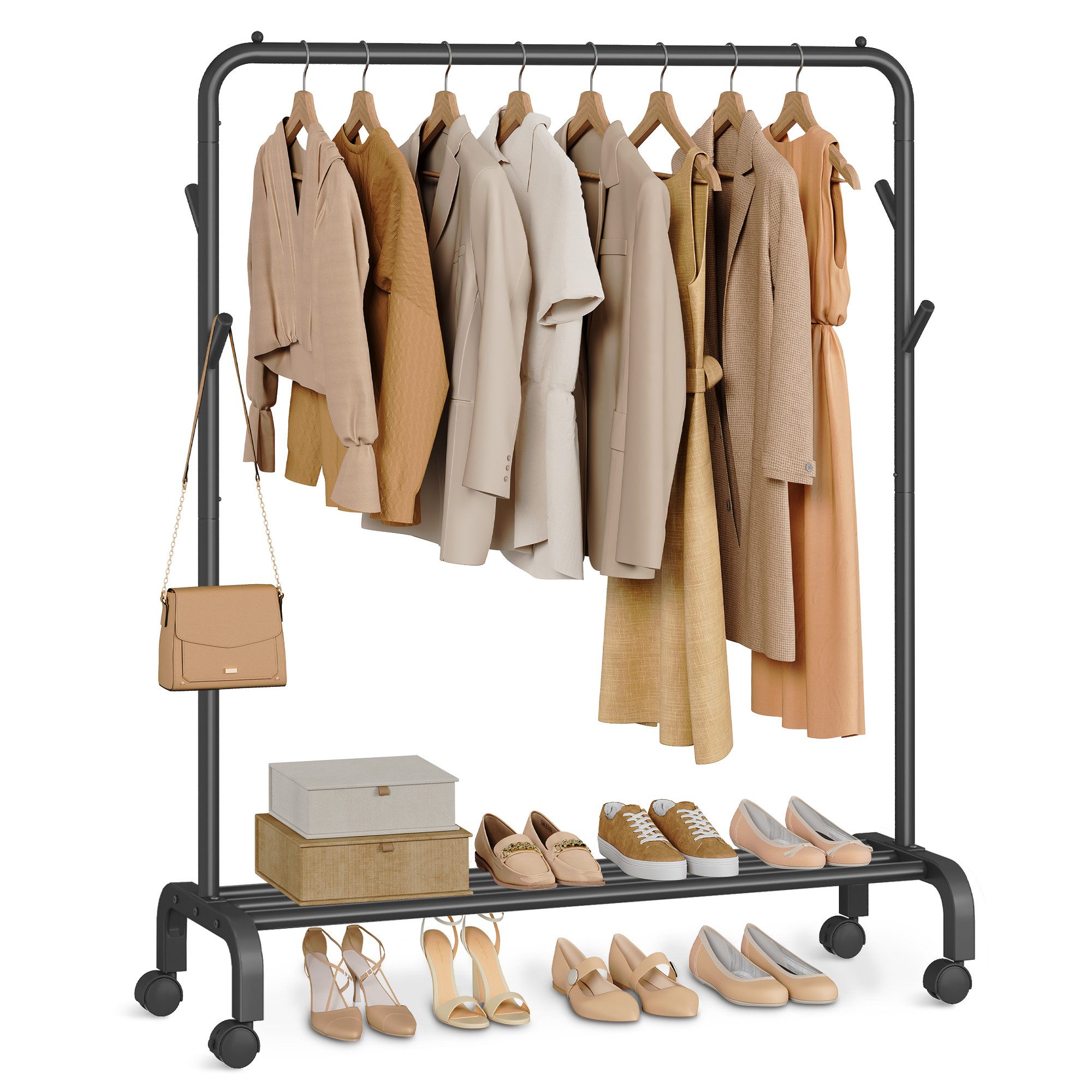SONGMICS Kleiderständer Kleiderstange, Garderobenstange, Garderobenständer, 41 x 103,5 x 155cm, auf Rollen, Stahlrohren, bis 50kg belastbar, multifunktionale, schwarz