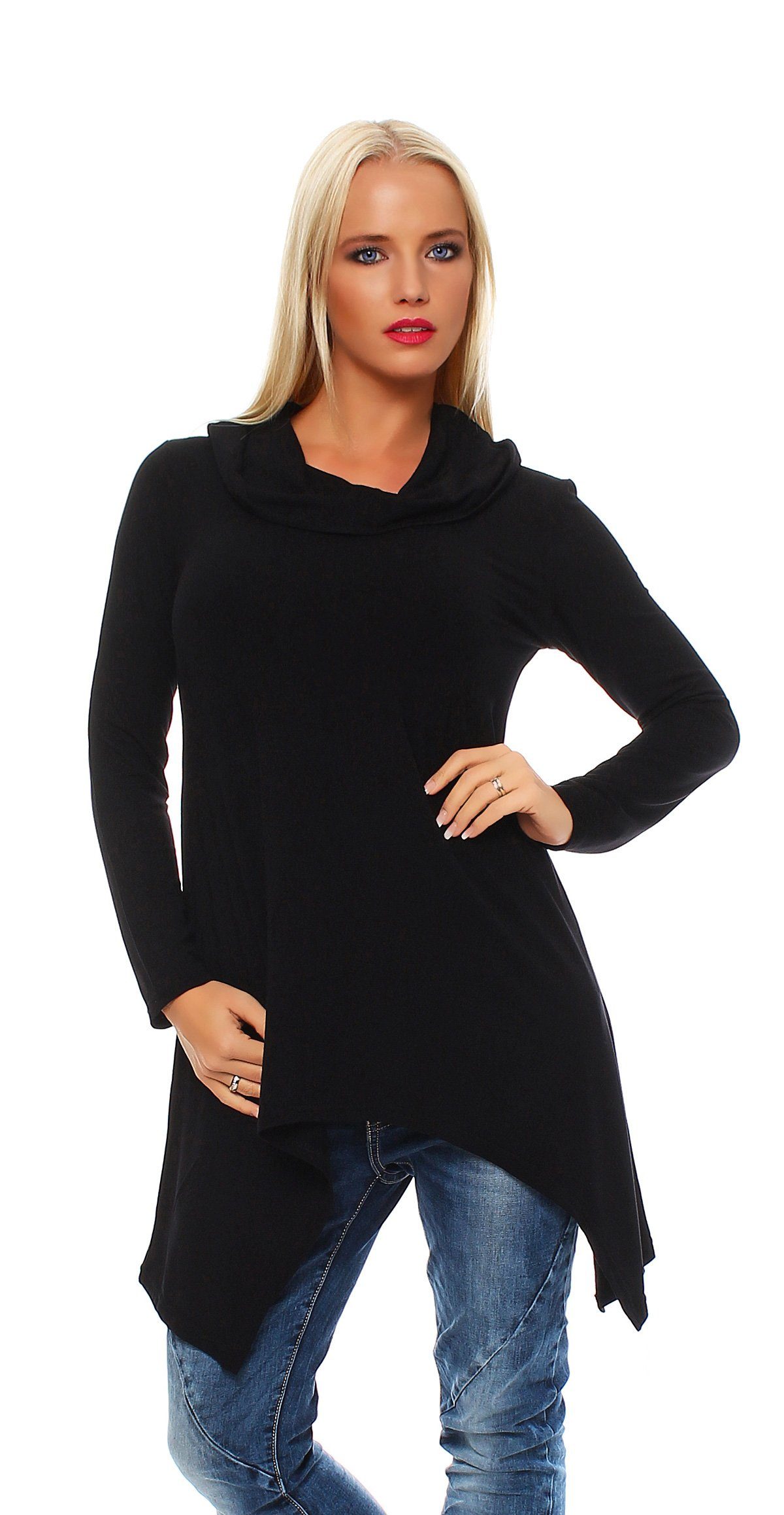 Mississhop Rollkragenpullover Tunika Langarmshirt mit assymetrisch M.Elen Rollkragen Schwarz