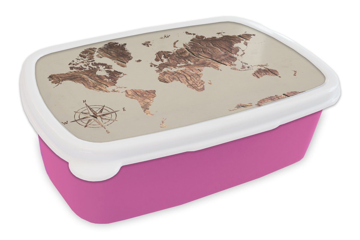 MuchoWow Lunchbox Weltkarte - Holz - Windrose, Kunststoff, (2-tlg), Brotbox für Erwachsene, Brotdose Kinder, Snackbox, Mädchen, Kunststoff rosa | Lunchboxen