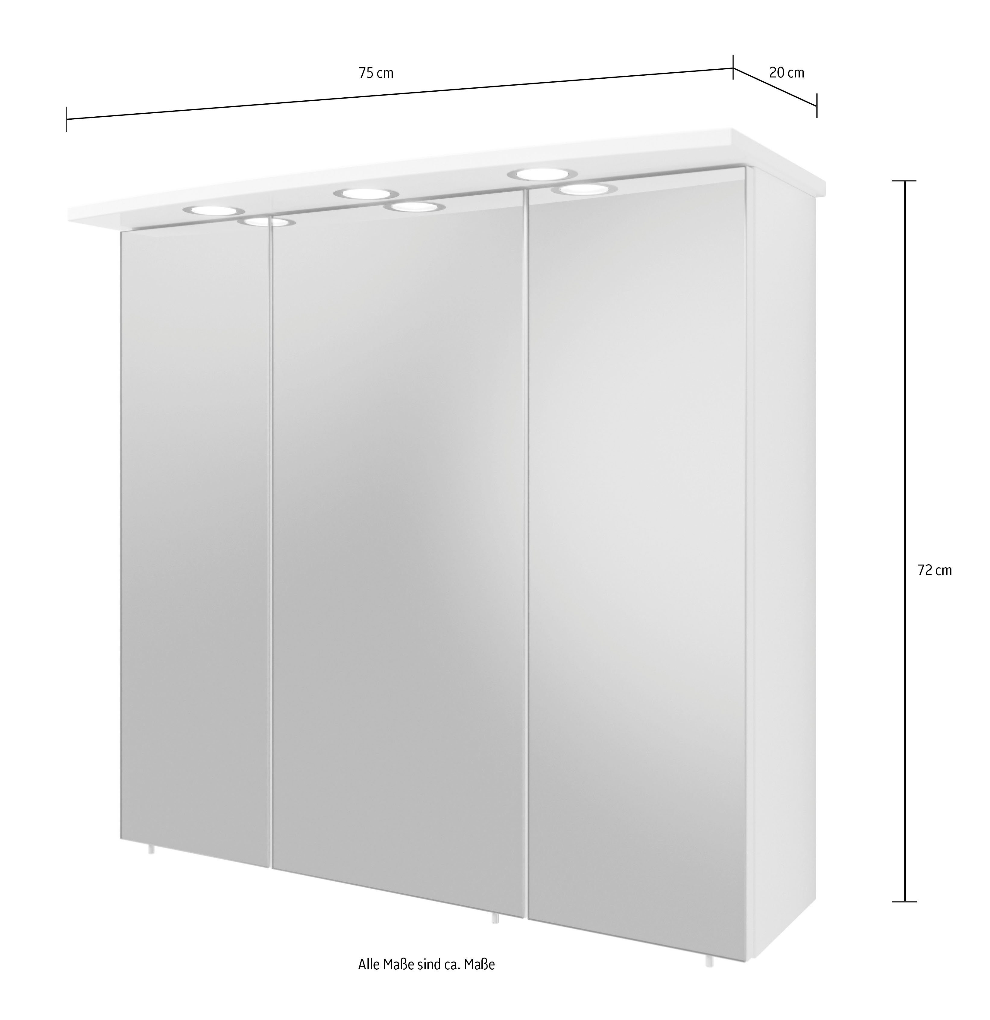 Saphir Spiegelschrank Quickset 316 Badschrank, 3 Spiegeltüren, 6 Einlegeböden, 75 cm breit inkl. LED-Beleuchtung, Türdämpfer, Schalter-/Steckdosenkombination – Bild 5 von 5