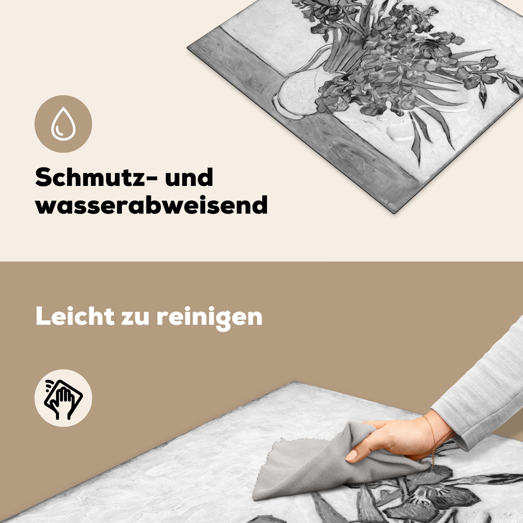 MuchoWow Herdblende-/Abdeckplatte Schwertlilien - Vincent tlg), 59x52 (1 cm, Vinyl, Induktionsmatte Schwarz - Gogh Ceranfeldabdeckung die - Weiß, küche, van für