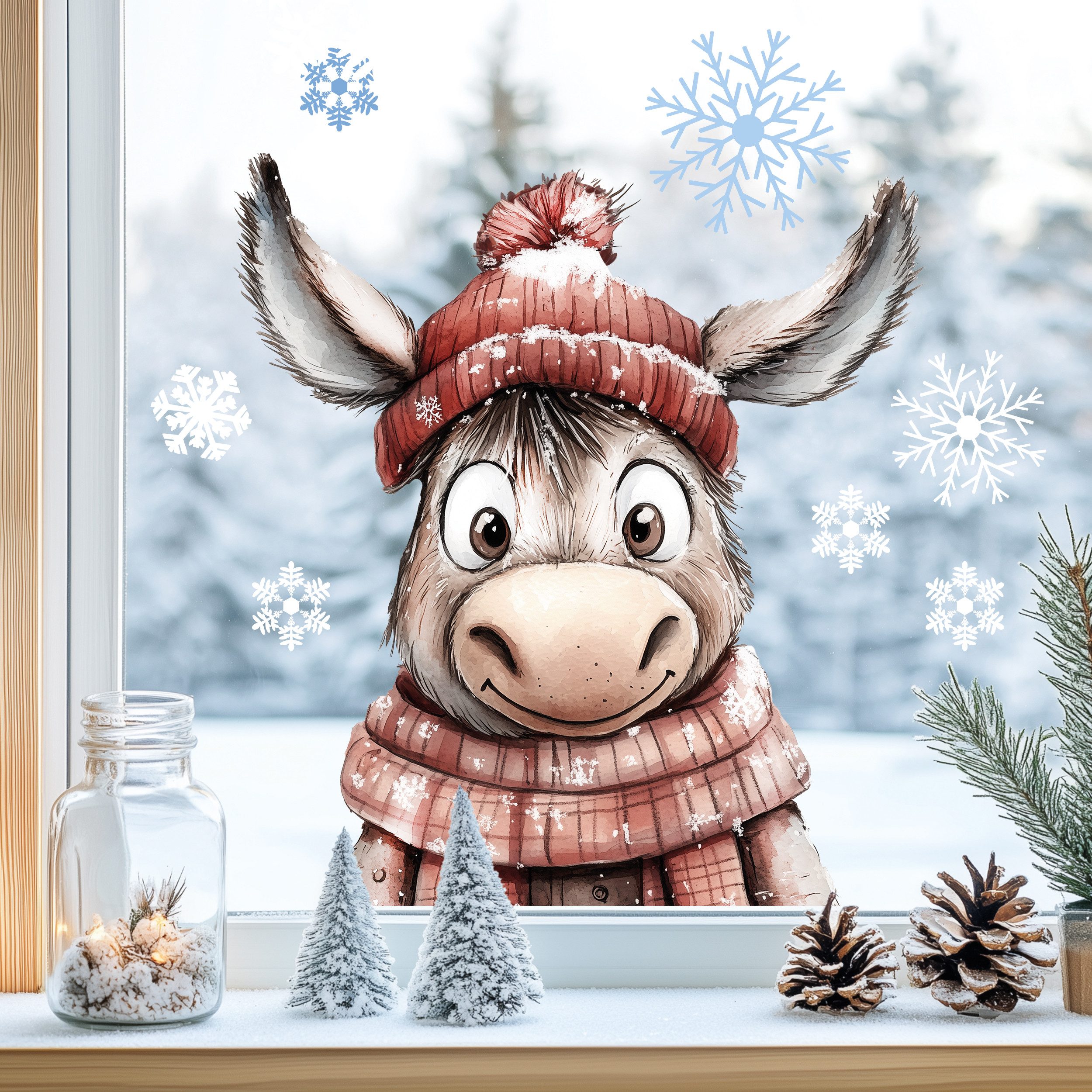Sunnywall Fensterdekoration Kinderzimmer Fensterbild Winter Esel mit rotem günstig online kaufen