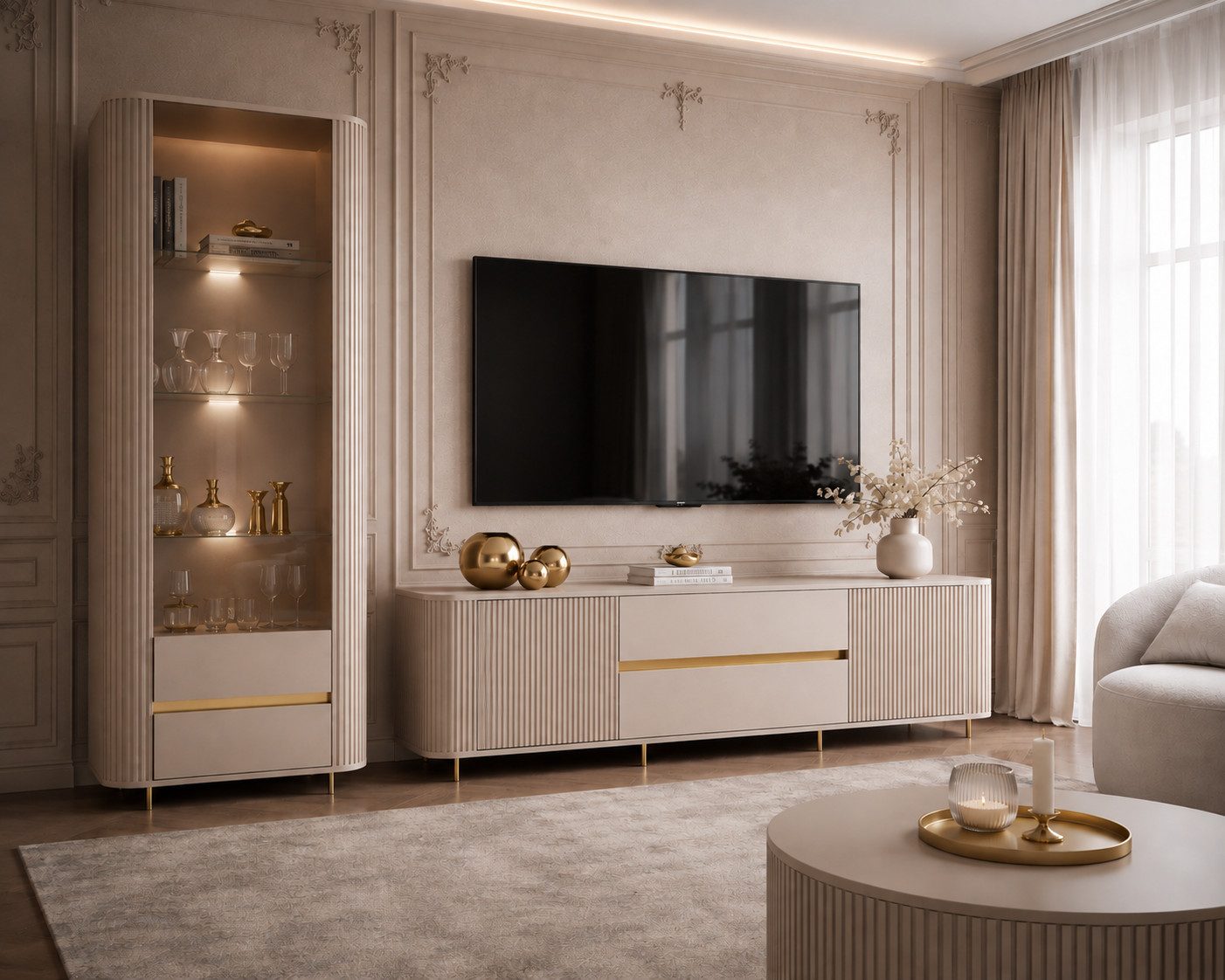 ALLHOUSE24 Wohnzimmer-Set MIRACLE IV Stilvolle Eleganz mit Vitrine und TV-Lowboard in Sandbeige, (2-St., Das Set besteht aus: Vitrine, TV Schrank), Breite: Vitr – Bild 2 von 5