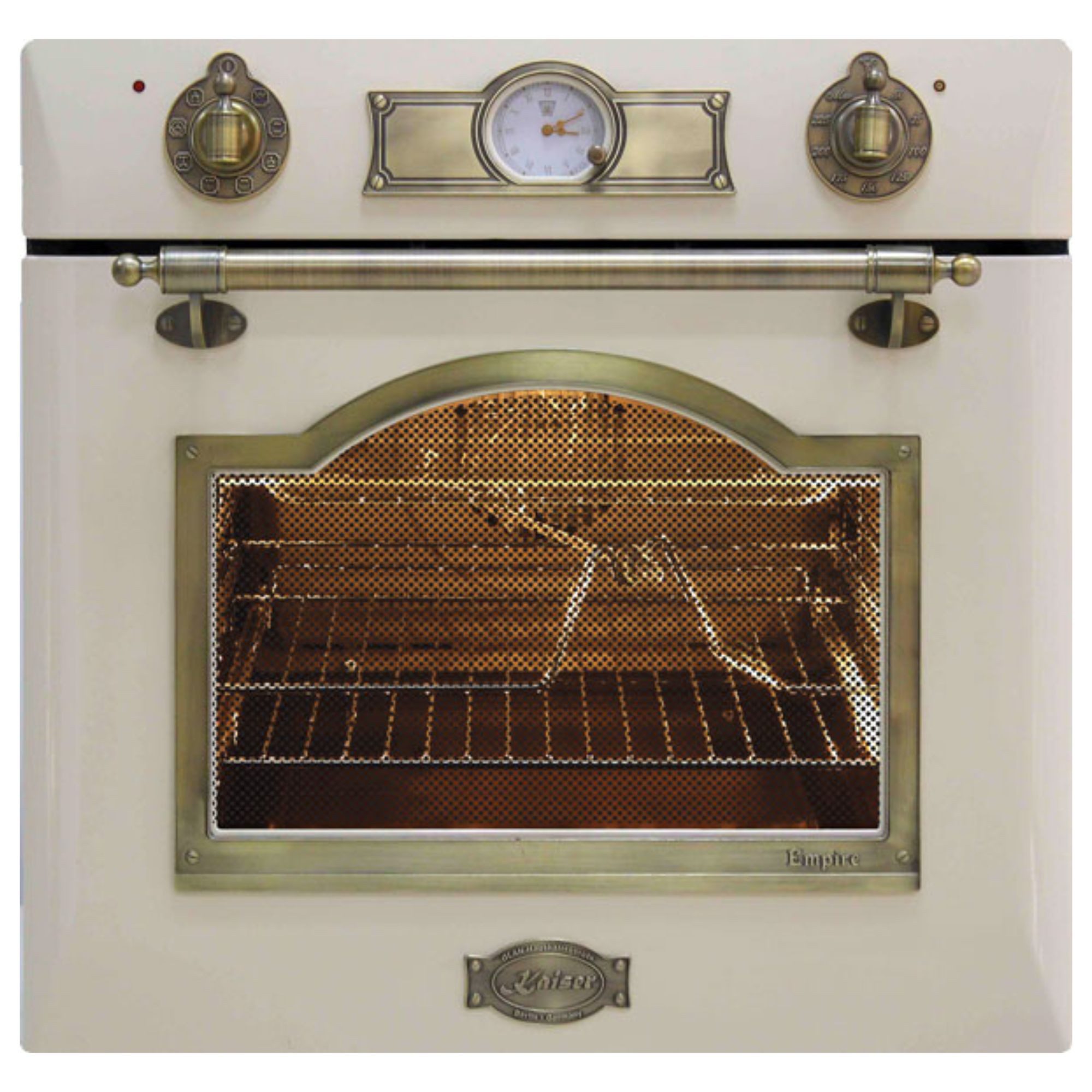 Kaiser Küchengeräte Backofen-Set Empire Design Retro Backofen mit Heißluftsystem, Infrarotgrill und elektrischem Drehspieß EH 6355 ElfEm+KCT 9196 IEm, Katalytische Selbstreinigung, FREE ZONE FlexInduktion 90 cm Kochfeld mit Power Booster