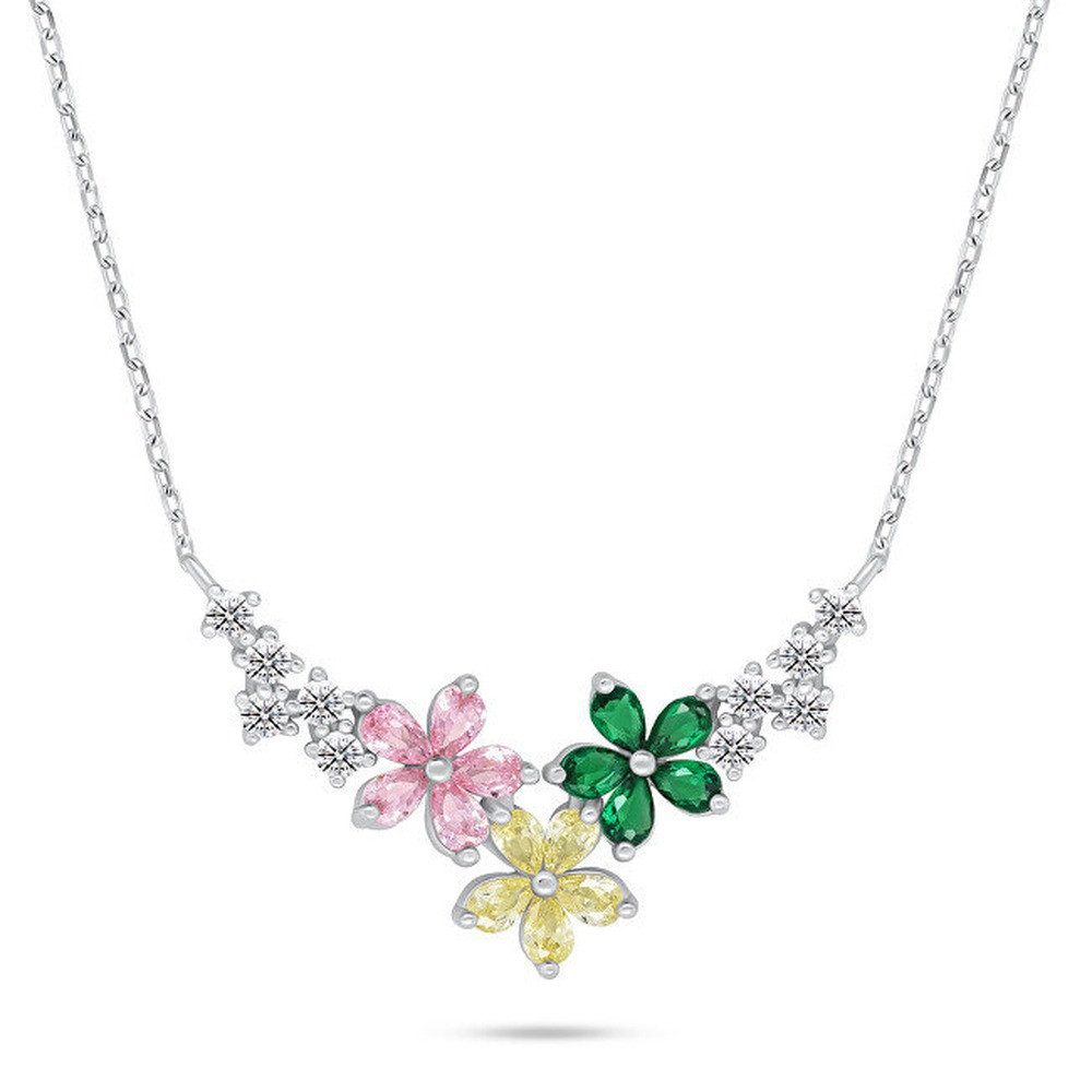 Brilio Silver Kette mit Anhänger Silberne Halskette Bunte Blumen mit Zirkonen