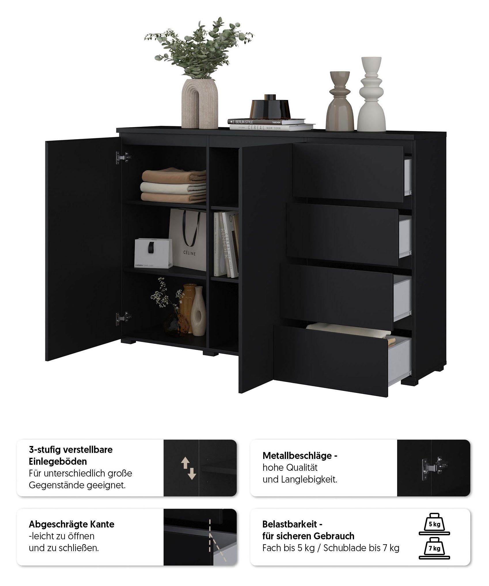 OTTO home Highboard Modo, Breite 150 cm, moderne grifflose Kommode 2Türen/4 SK, Schubladenkommode mit viel Stauraum, Einlegeböden verstellbar