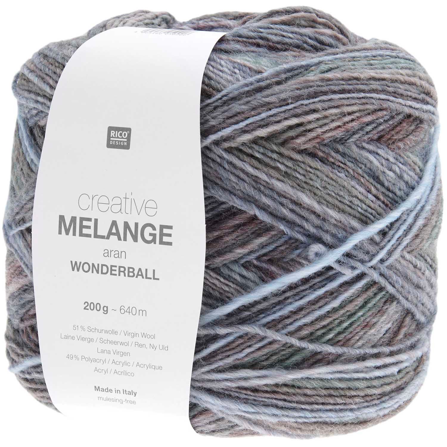 Rico Design Creative Melange Aran Wonderball Häkelwolle, 640,00 m (Wolle mit Farbverlauf zum stricken oder häkeln, Strickgarn Handstrickgarn Strickwolle, 200g), dicke Farbverlaufswolle