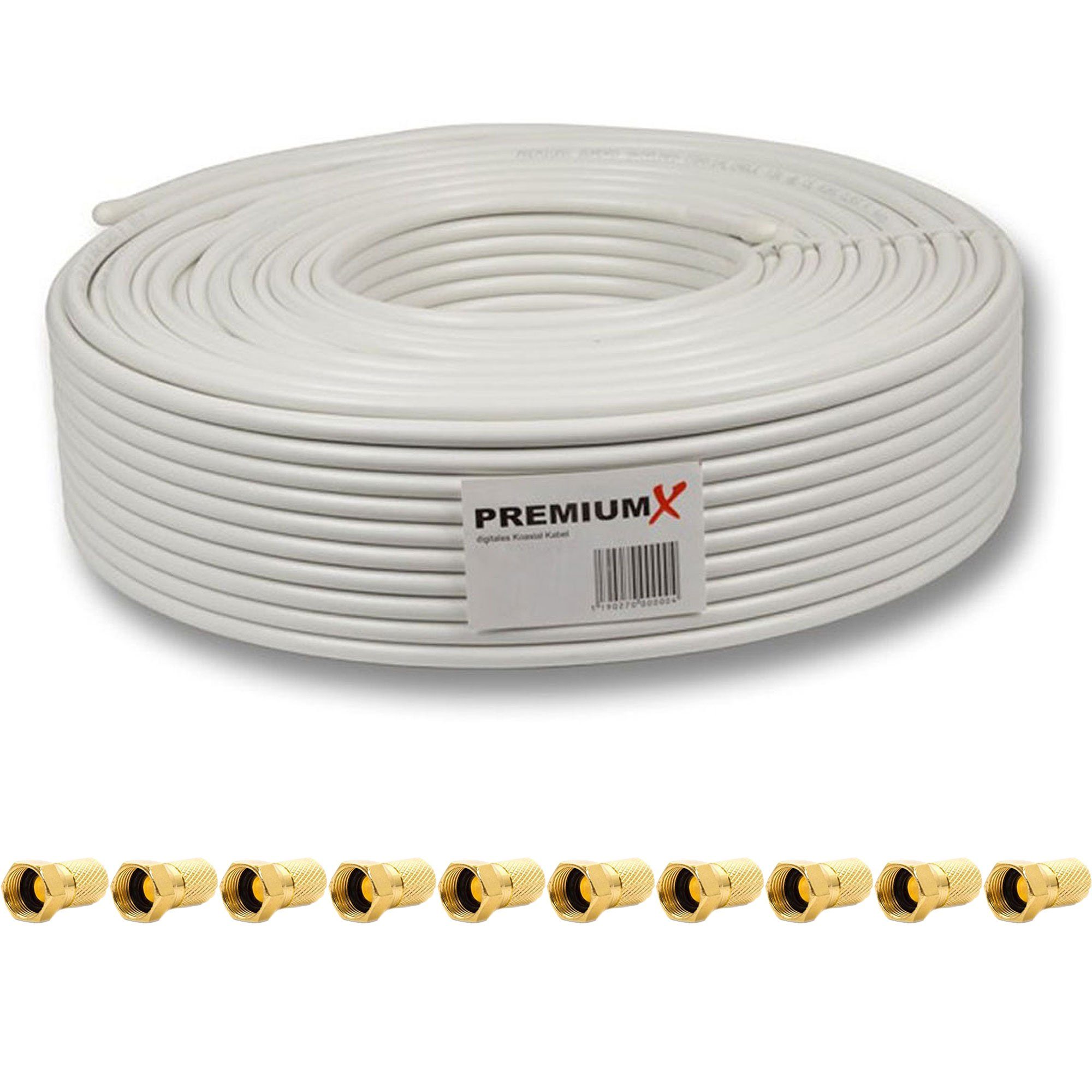 PremiumX 50m Deluxe Pro Vollkupfer Koaxial Kabel 5 fach + 10x F-Stecker 8mm SAT-Kabel