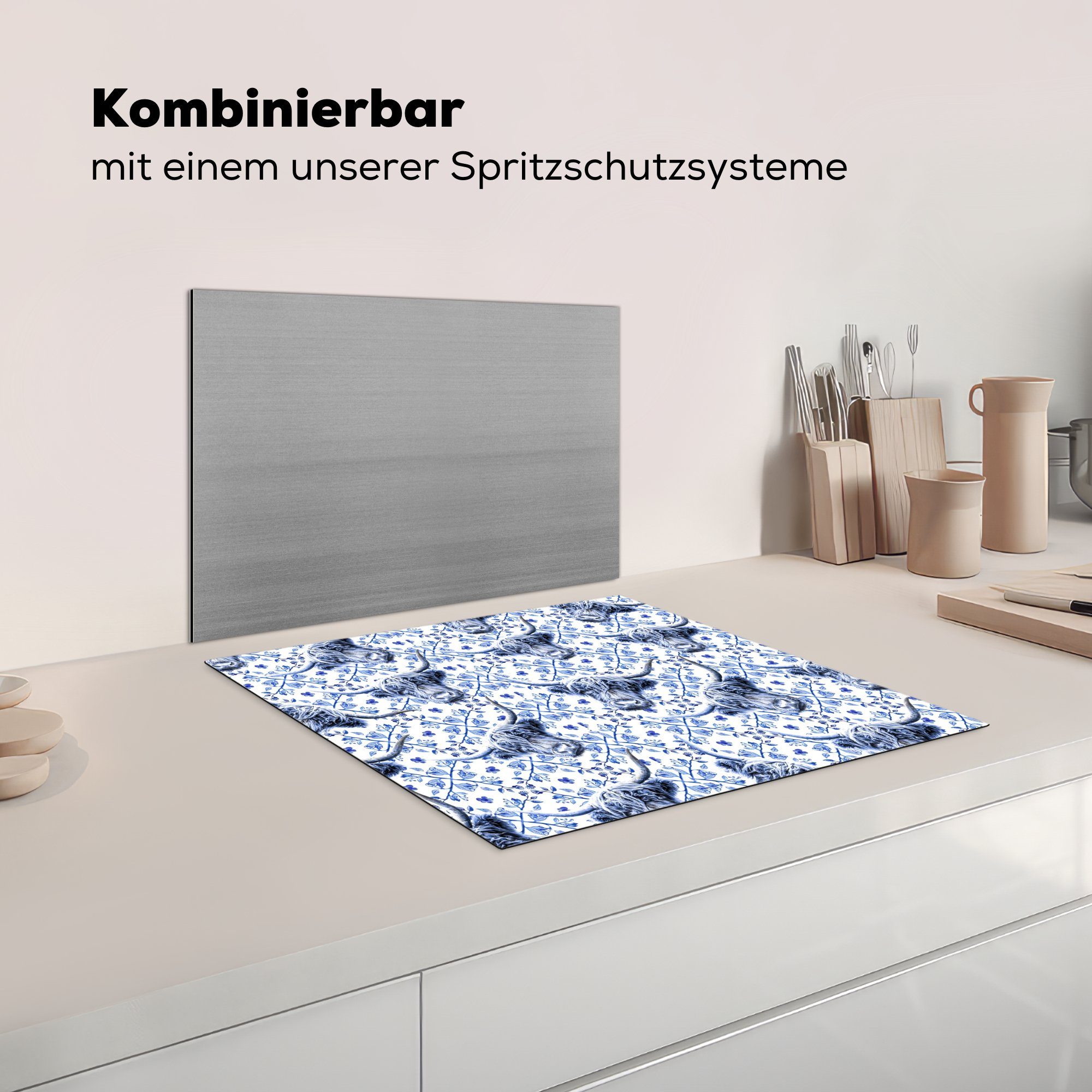 Vinyl, cm, Highlander - die - für 59x52 (1 tlg), Schottischer küche, MuchoWow Ceranfeldabdeckung Blau, Herdblende-/Abdeckplatte Induktionsmatte Kuh Delfter