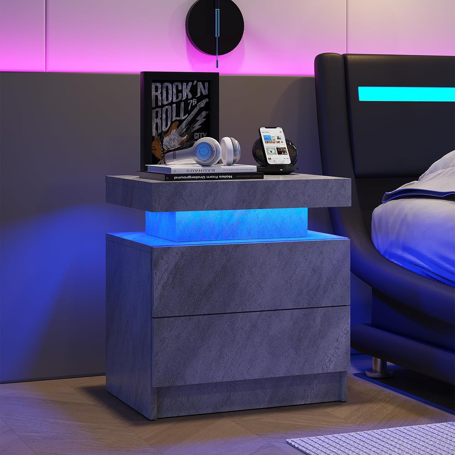 OKWISH Nachttisch LED Kommode mit 2 Schubladen, Nachtschrank Nightstand Beistelltisch (Nachtkonsole einstellbare mehrfarbige LED-Beleuchtung, großer Stauraum, mit einstellbarem LED-Licht, großem Stauraum und stilvollem Design)