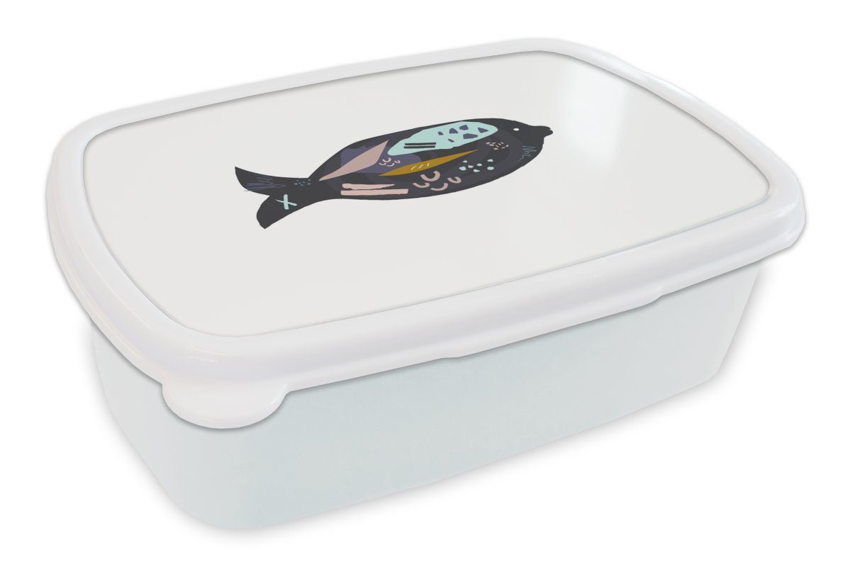 MuchoWow Lunchbox Schwarz - Fisch - Pastell, Kunststoff, (2-tlg), Brotbox für Kinder und Erwachsene, Brotdose, für Jungs und Mädchen weiß