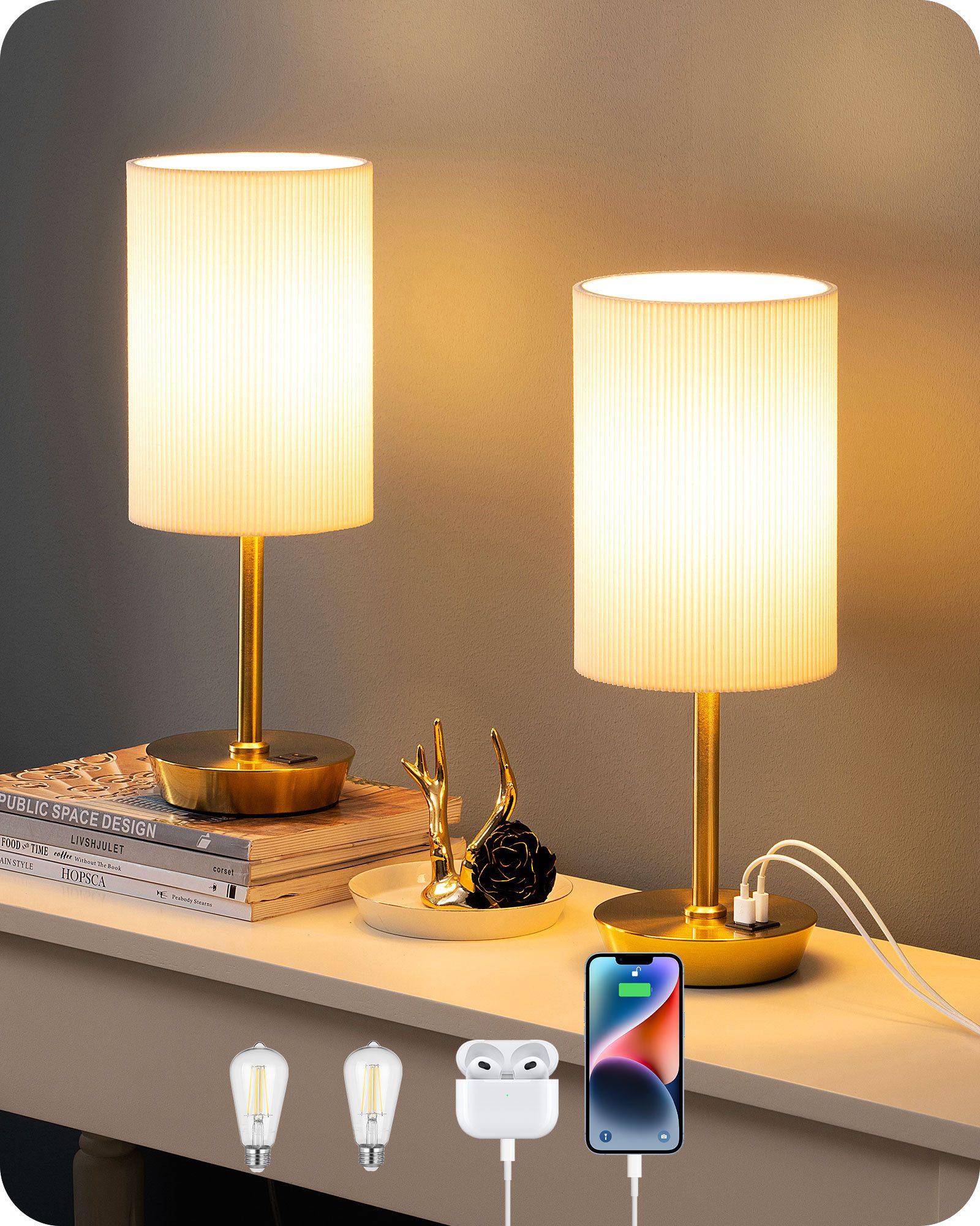 EDISHINE LED Nachttischlampe Touch Dimmbar, 2er-Set Tischleuchten mit USB, günstig online kaufen