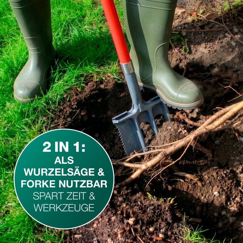 EASYmaxx Spaten Spatengabel 114cm schwarz/rot/grau mit Wurzelsäge, (1-St), Gartenschaufel & Gartenspaten - clevere Trittkanten - graben & sägen