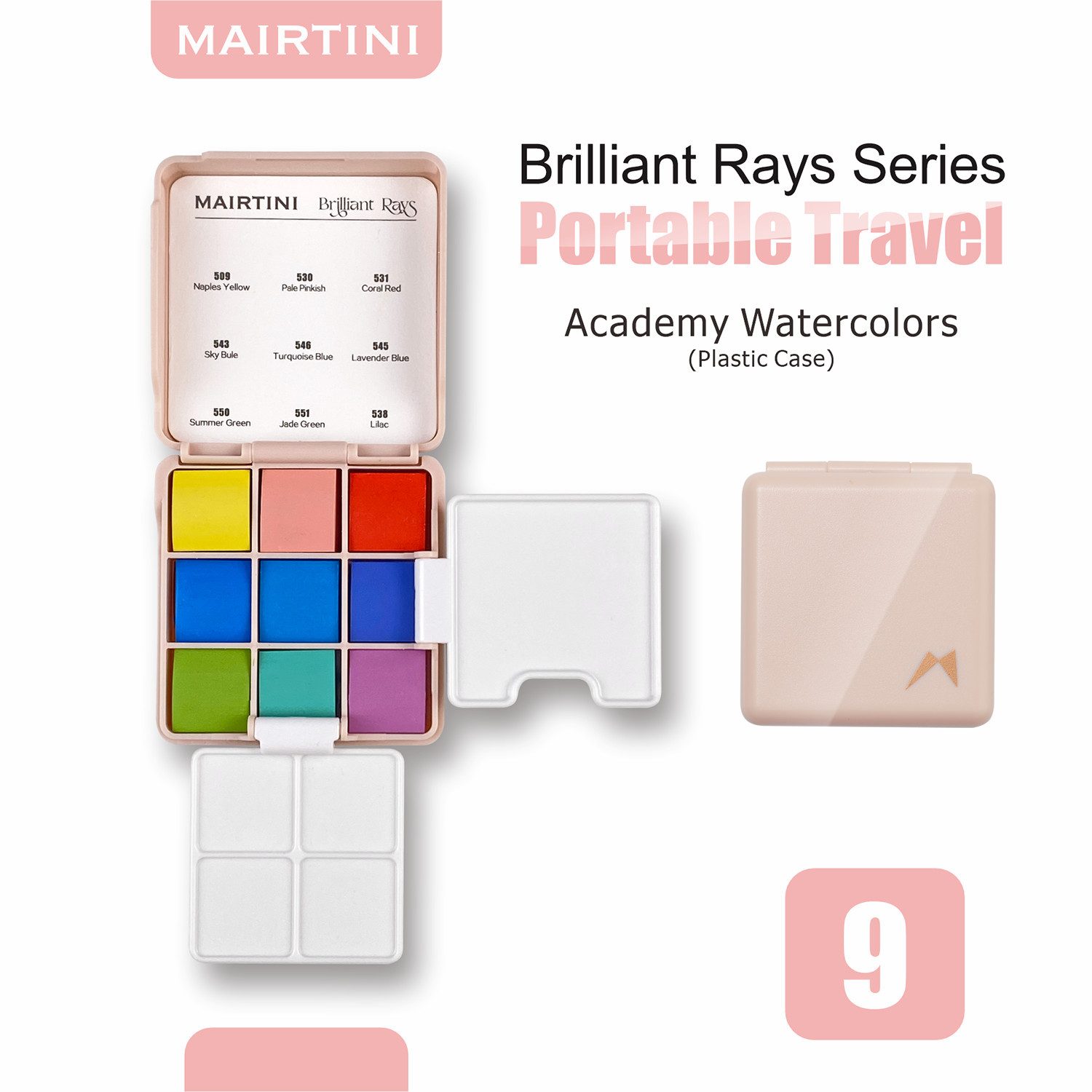 Mairtini Aquarellfarbe Set - 9 intensive Farben im mini stylischen grün/ rot/ rosa Reiseetui, Ideal für unterwegs & kreative Momente