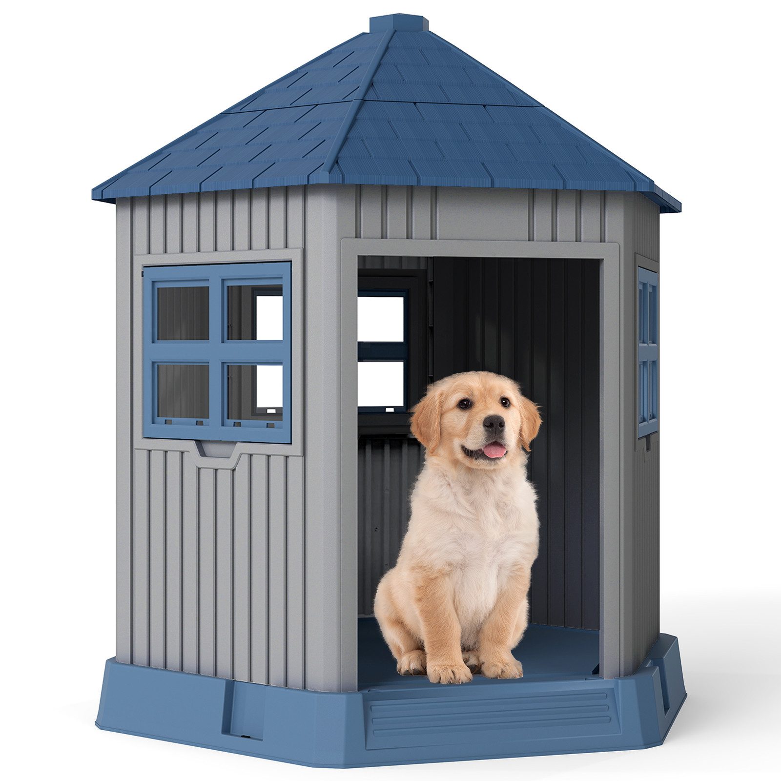 COSTWAY Hundehütte, Hundehaus, Katzenhaus, Haustierhaus mit 2 Fenstern