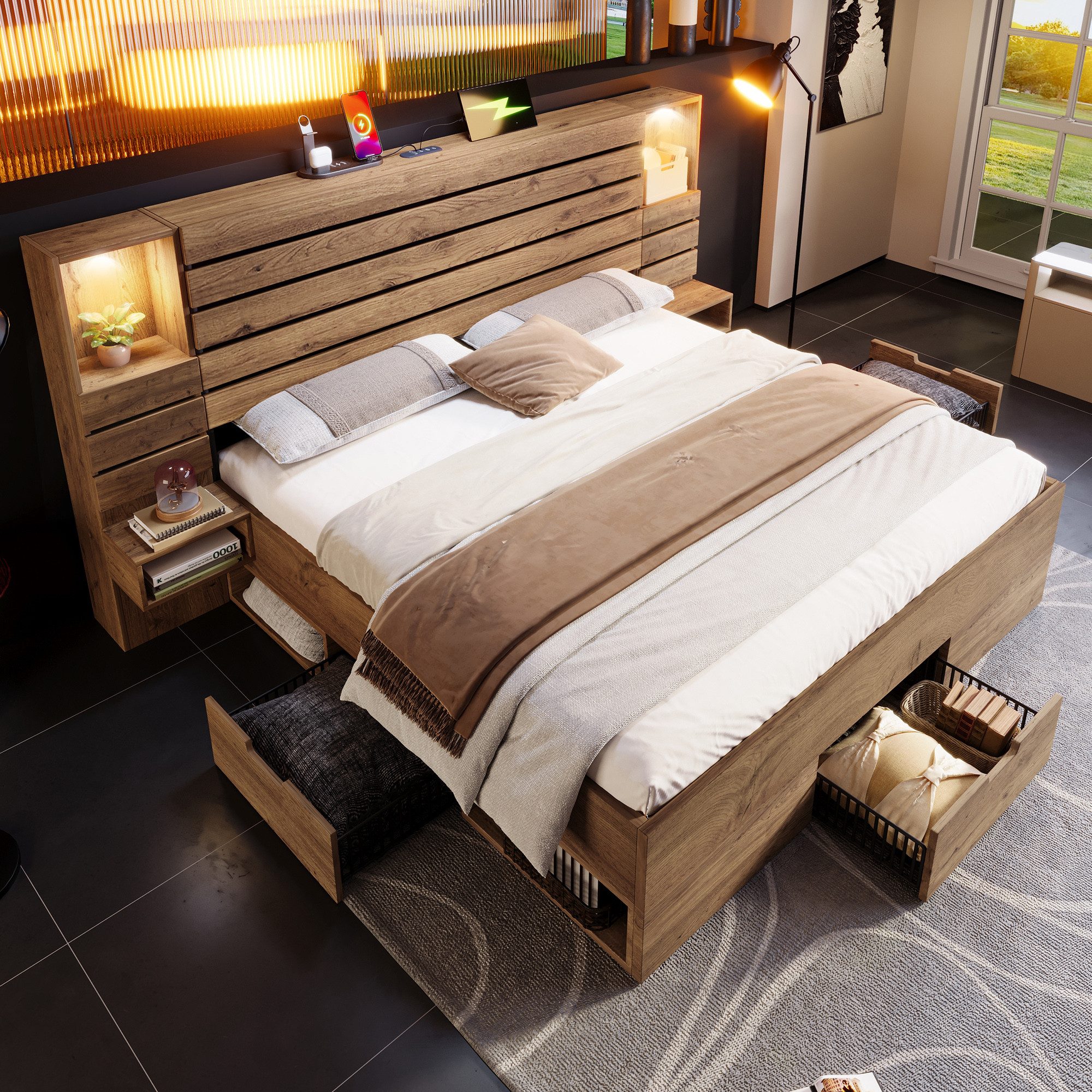 Odikalo Polsterbett Holzbett Bettgestell 160x200 180x200 mit LED USB und Stauraum (mit LED-Downlights und USB Type-C, beleuchtete Nische, schwebende Nachttische, Unterbett-Stauraum mit Schubladen, Eichenoptik)