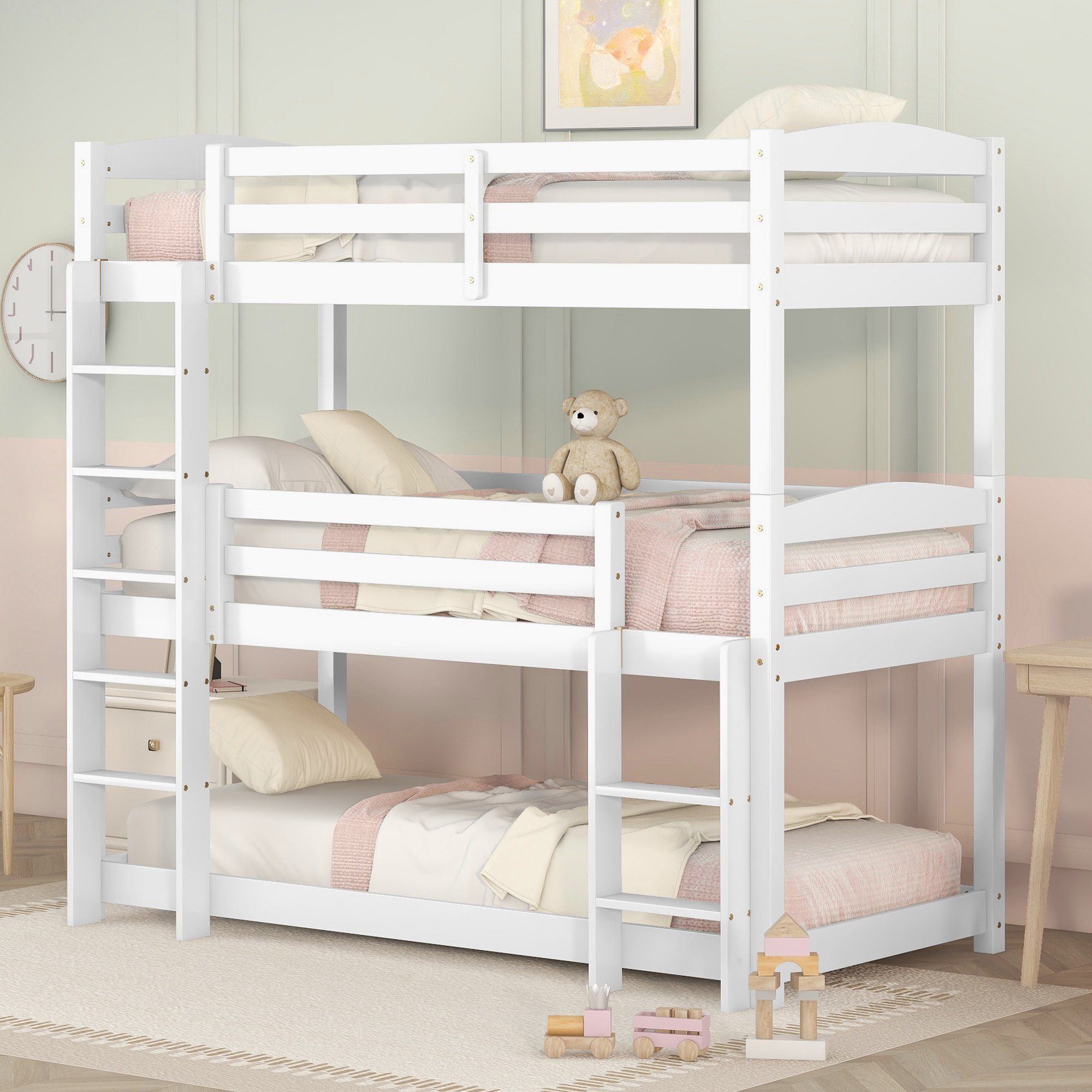 OKWISH Bett Kinderbett, Single-Size-Holz-Dreier-Etagenbett für Kinder (90*200cm), Ohne Matratze Weiß