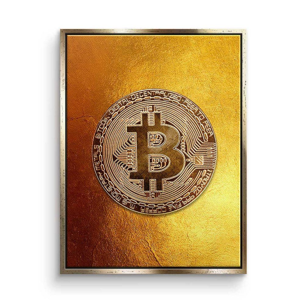 DOTCOMCANVAS® Leinwandbild, Premium Leinwandbild - Crypto - Golden Bitcoin - Trading - Motivation goldener Rahmen