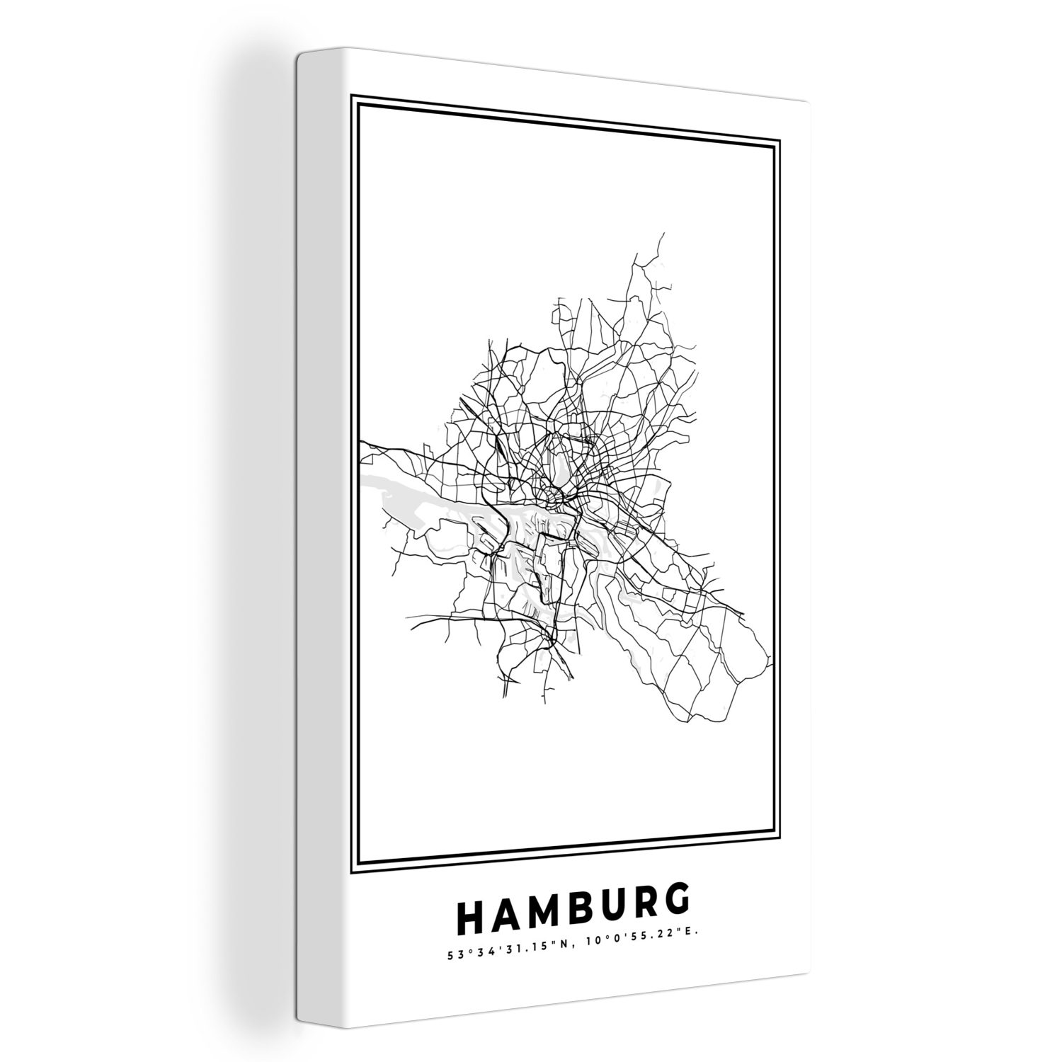 OneMillionCanvasses® Leinwandbild Deutschland - 20x30 St), (1 bespannt inkl. Leinwandbild Karte Schwarz-Weiß Gemälde, cm Zackenaufhänger, - - - - Stadtplan Karte, fertig Hamburg