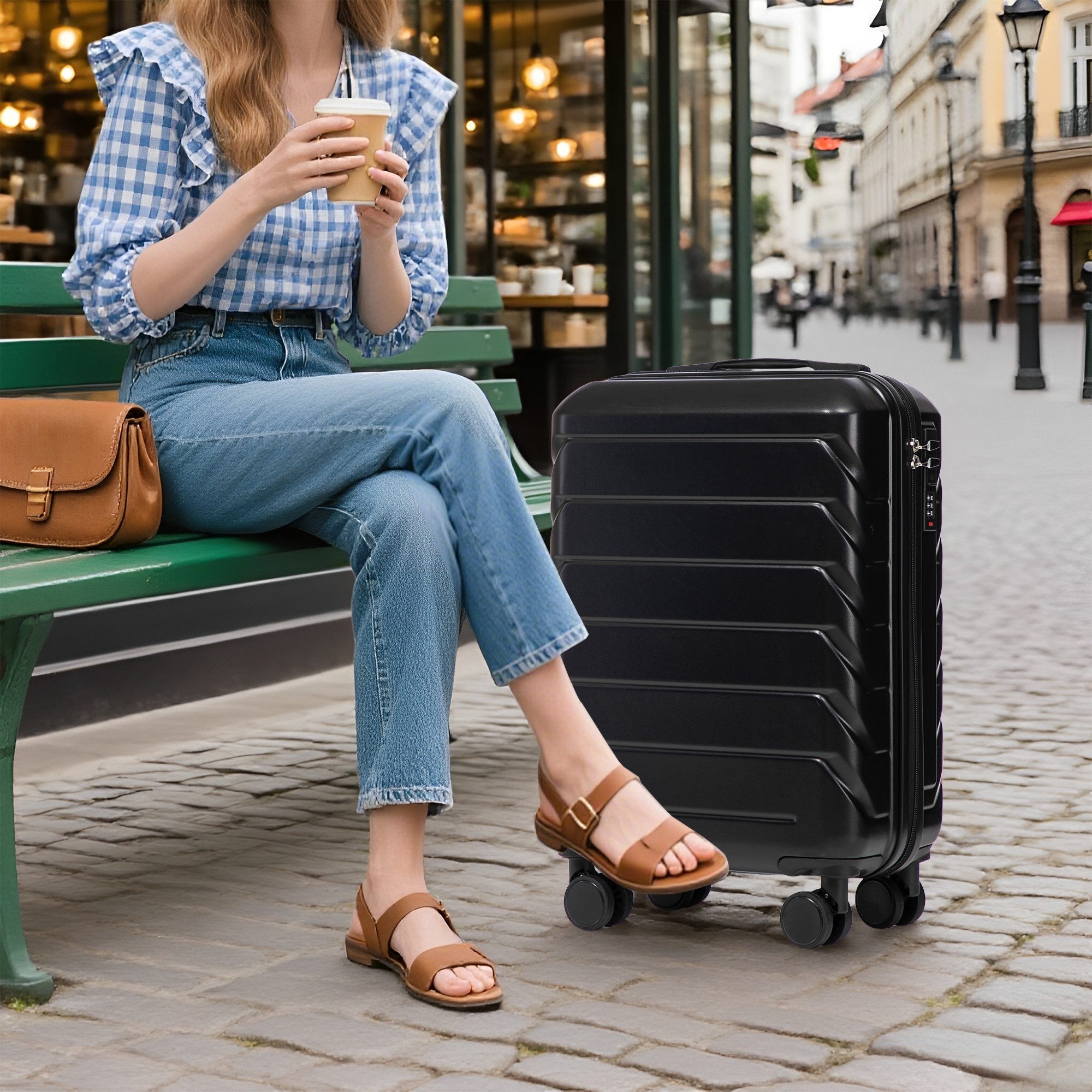 OKWISH Kofferset ABS-Spinner-Trolleyset, 4 Rollen, (mit Zahlenschloss & 14" Kosmetiktasche, 2 tlg., S-M-Set)