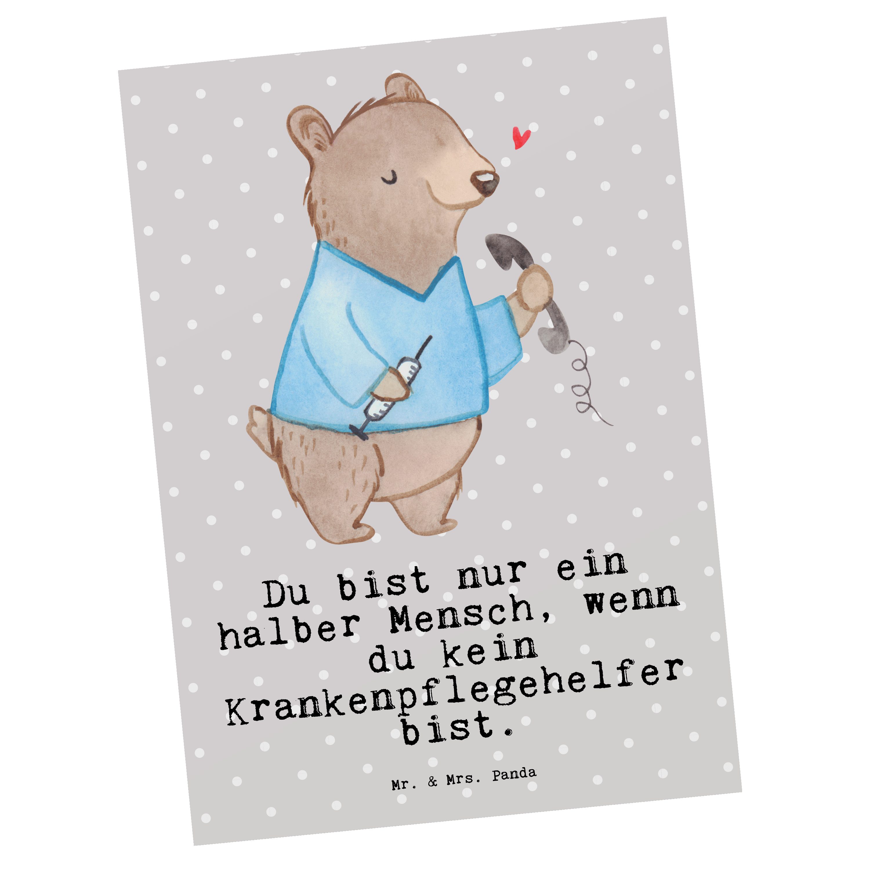 Mr. & Mrs. Panda Postkarte Krankenpflegehelfer mit Herz - Grau Pastell - Geschenk, Geburtstagska