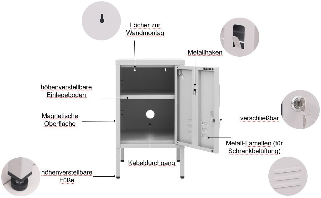 OTTO home Nachtkommode Nachttisch Nachtkonsole Beistelltisch Metallschrank Siena (in 4 Farben aus Metall Stahlschrank Bestseller), Nachtschrank in der Höhe verstellbar, abschließbar
