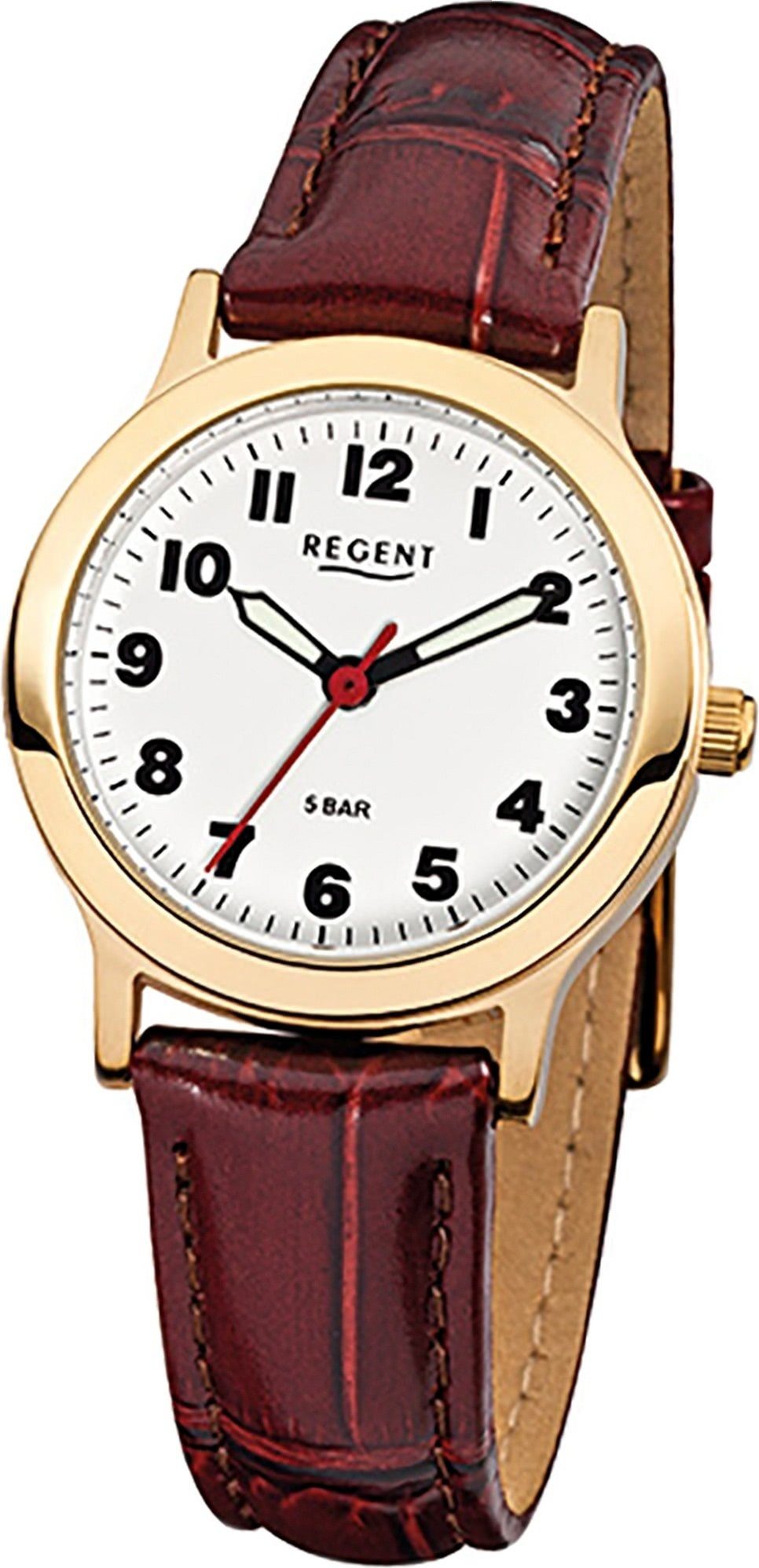 Regent Quarzuhr Regent Leder Damen Uhr F-825 Quarzuhr, Damenuhr Lederarmband braun, rundes Gehäuse, klein (ca. 28mm)