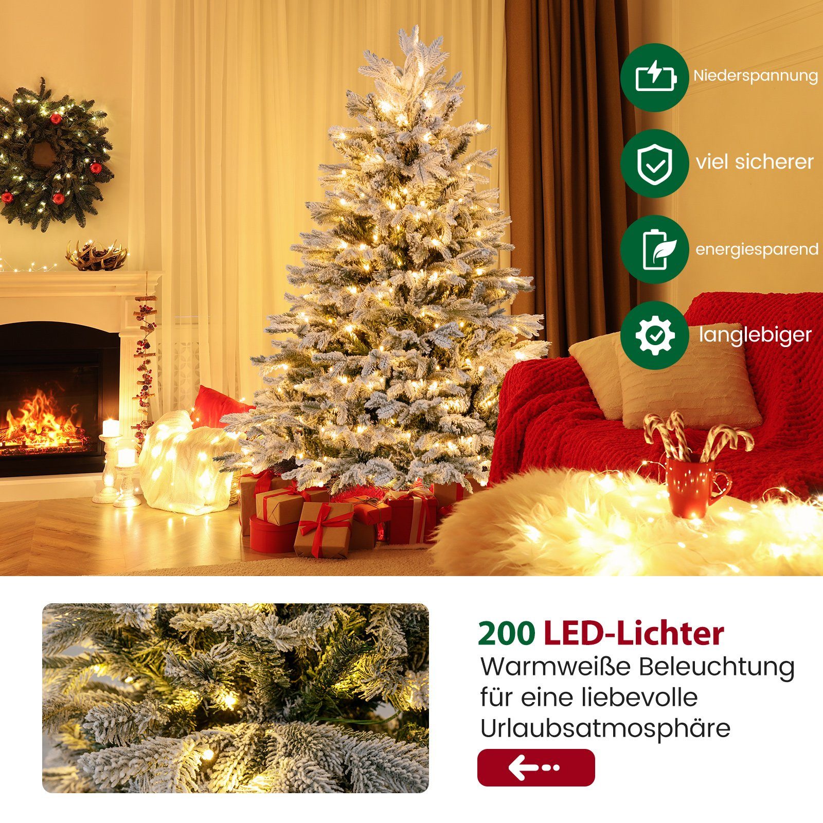 COSTWAY Künstlicher Weihnachtsbaum, mit Schnee, 200 LEDs & 688 Zweigspitzen