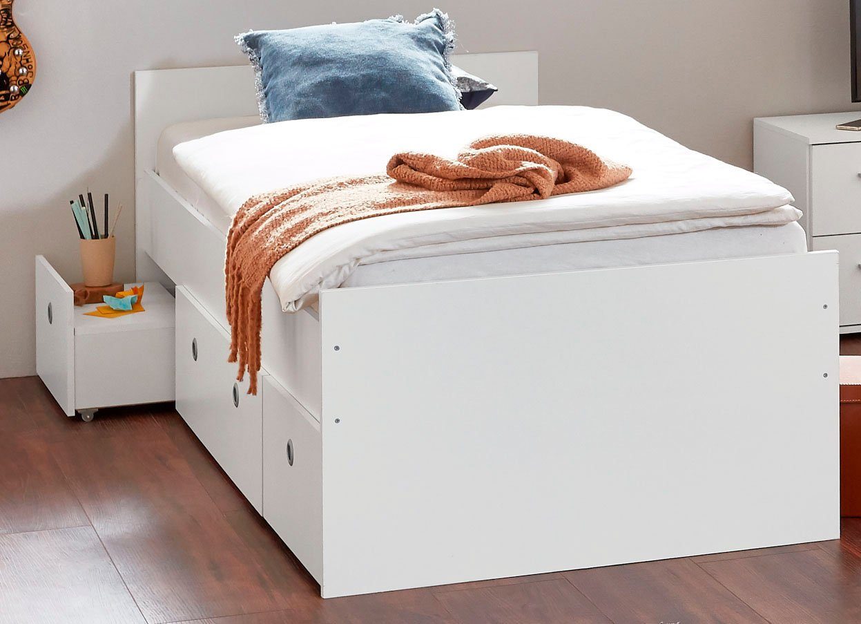 arthur berndt Stauraumbett Bente 1, TOP PREIS, viel Stauraum, 2 Breiten (90cm + 120cm), mit Melamin-Oberfläche, 3 Schubkästen auf Rollen, MADE IN GERMANY