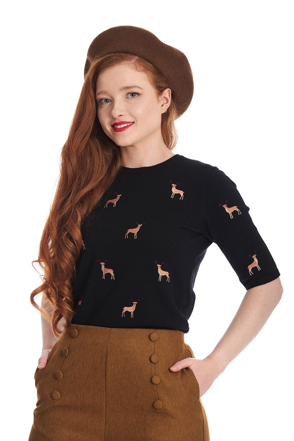 Banned Kurzarmpullover Sweet Deer Schwarz Vintage Rockabilly Rehe günstig online kaufen