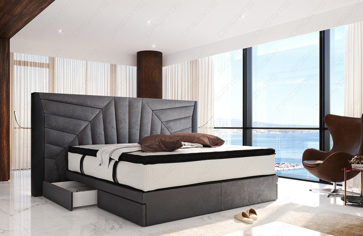 Sofa Dreams Boxspringbett Monaco Samtstoff SunVelvet, mit Topper, Schubladen, USB-Anschlüssen, LED-Beleuchtung