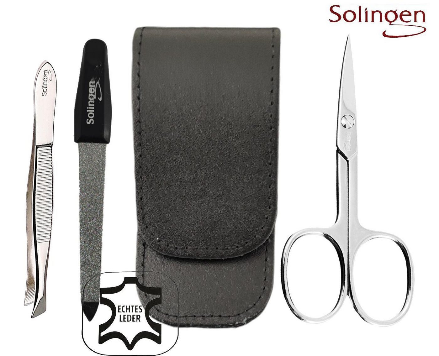 EloModa Maniküre-Kosmetik-Etui 3-teiliges Solingen Maniküre Set mit Leder Etui, Nagelschere, Feile, 3 tlg., Made in Germany