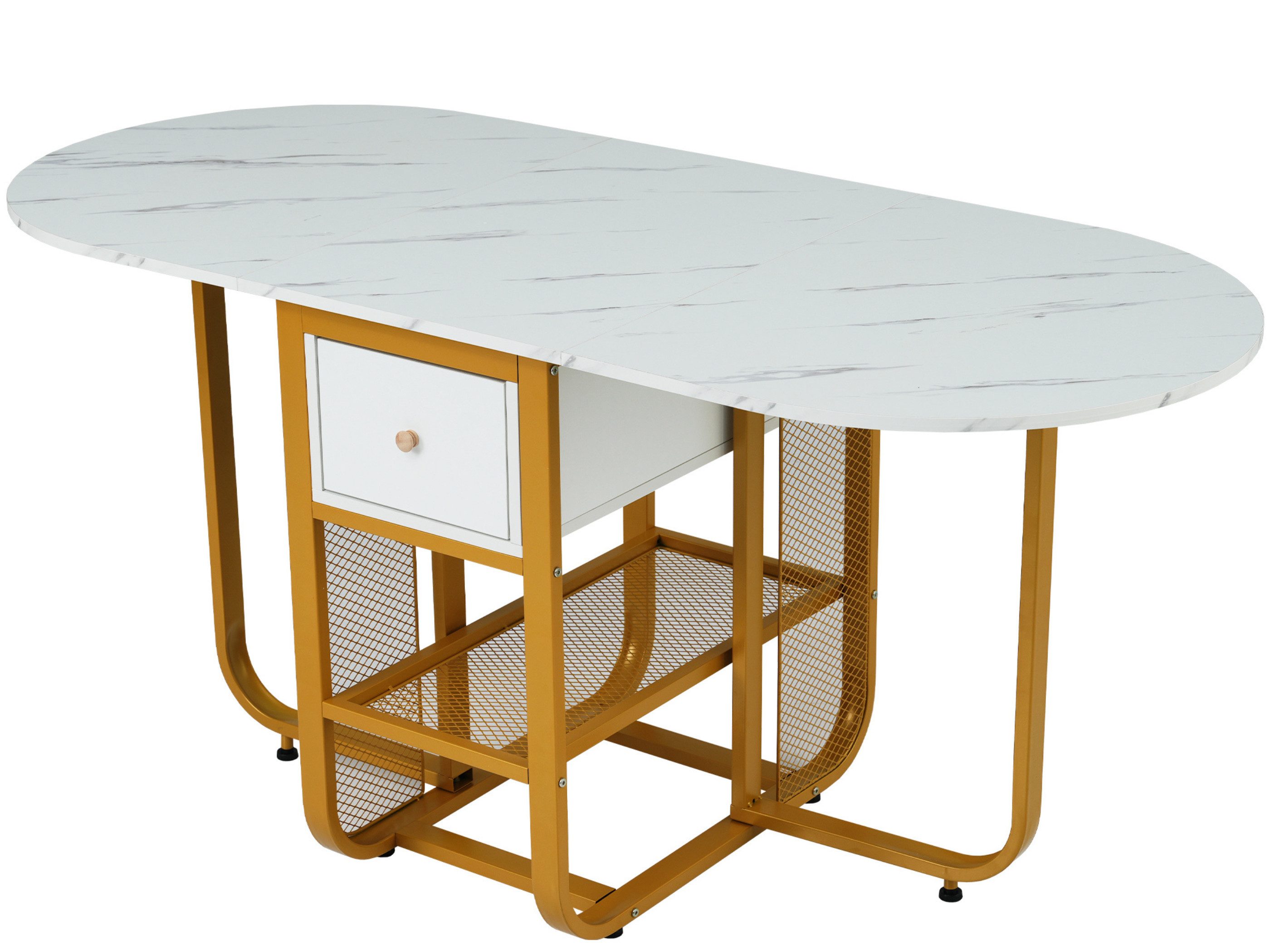 SeedWave Klapptisch Esstisch mit Marmorstruktur und Schublade, Klappbarer Tisch, mit Stauraum Multifunktionaler Couchtisch