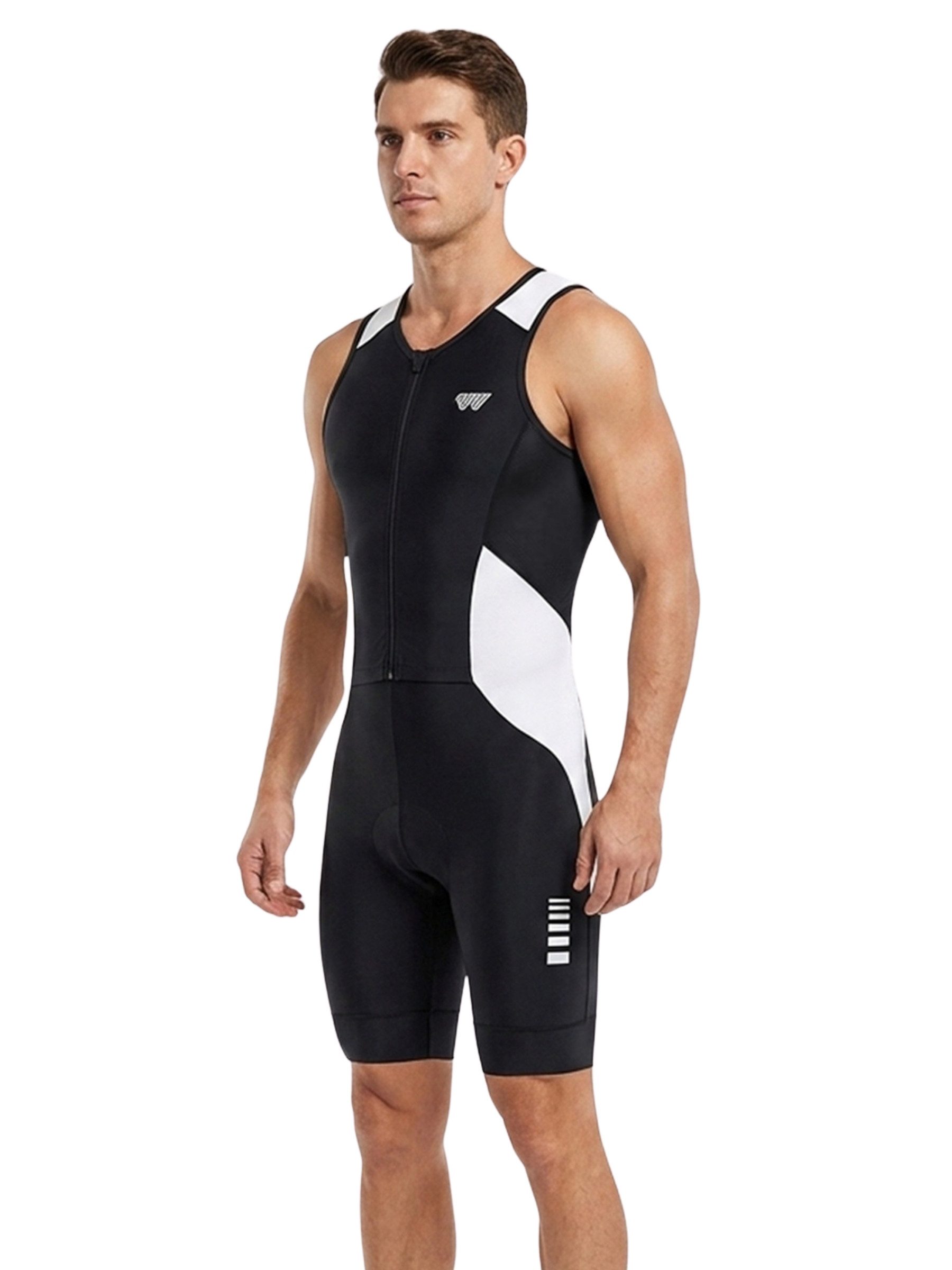 Wulibike Trainingsanzug Herren Trisuit ärmelloser Triathlon-Einteiler mit Frontreißverschluss (Einteilig, 1-tlg), Atmungsaktiv mit stützendem Sitzpolster, Muskelkompression & Taschen