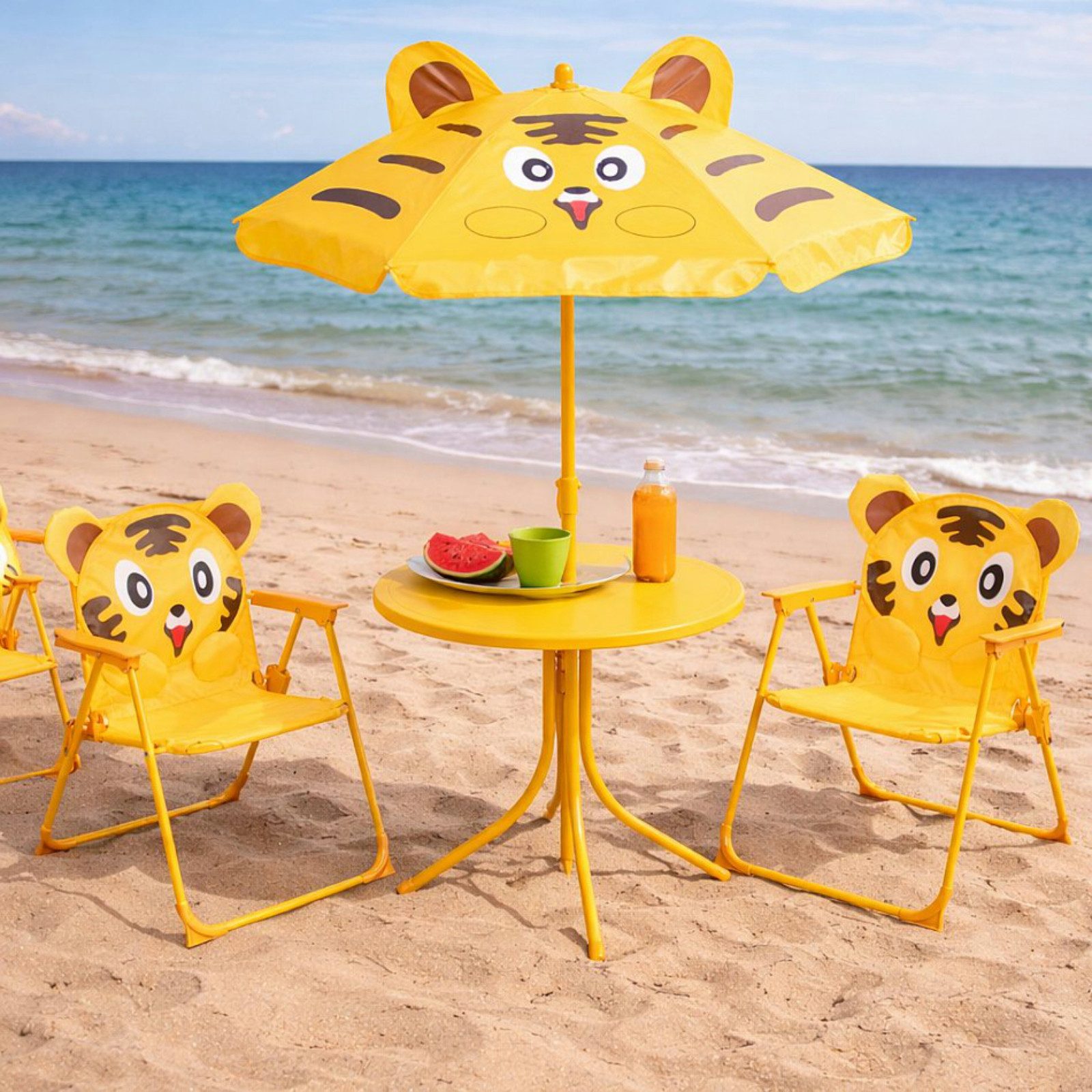 Koopman Garten-Kindersitzgruppe Sitzgruppe Strandstuhl Strandschirm Tisch Kindermöbel 4tlg, (1-tlg), Tiger-Design, Faltstuhl, Orange / Gelb, Schattenspender, Outdoor