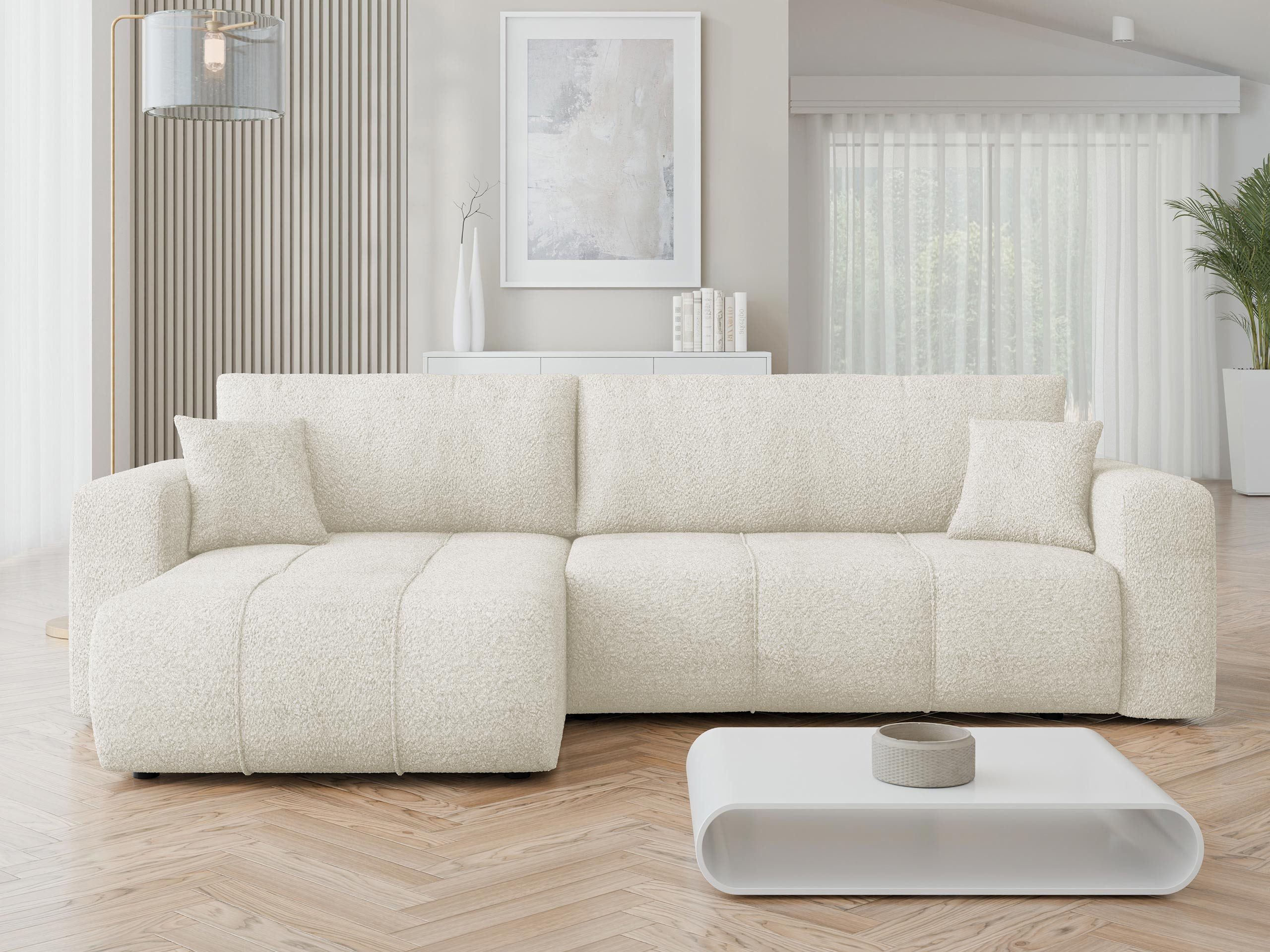 MIRJAN24 Ecksofa Fetrinu Maxi Boucle, mit Schlaffunktion und Bettkasten, 274x145x82 cm, zwei Dekokissen