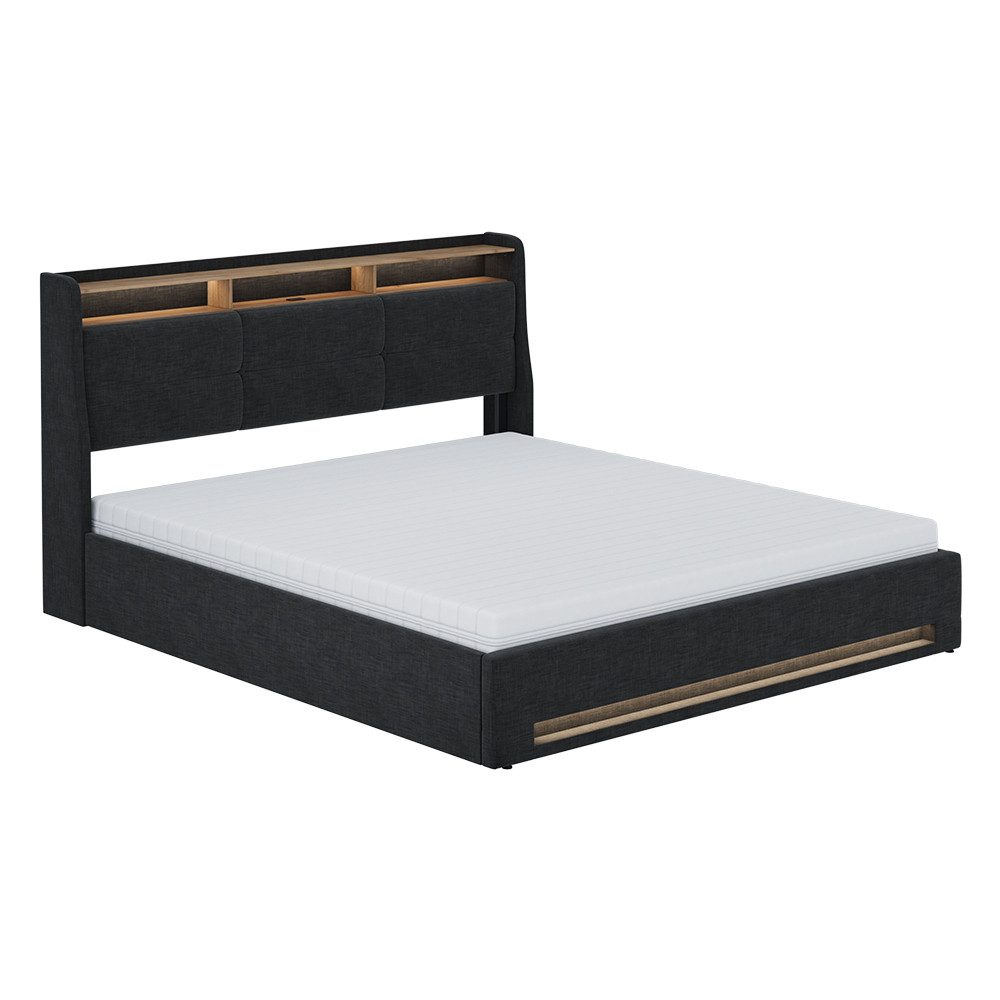 VitaliSpa® Polsterbett Christin, Anthrazit/Eiche, 180x200 mit LED, USB-Anschluss & Matratze (2-tlg)