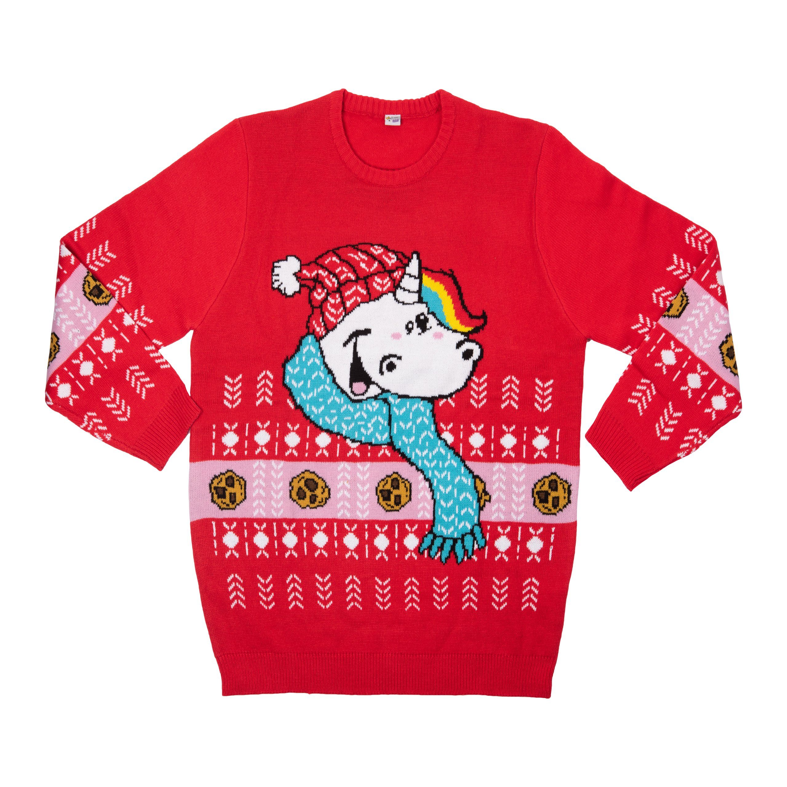 United Labels® Weihnachtssweatshirt »Pummel & Friends Weihnachtspullover  Unisex - Pummeleinhorn Winter Strick Pullover Sweatshirt Ugly Christmas  Sweater Weihnachten für Herren & Damen Rot«