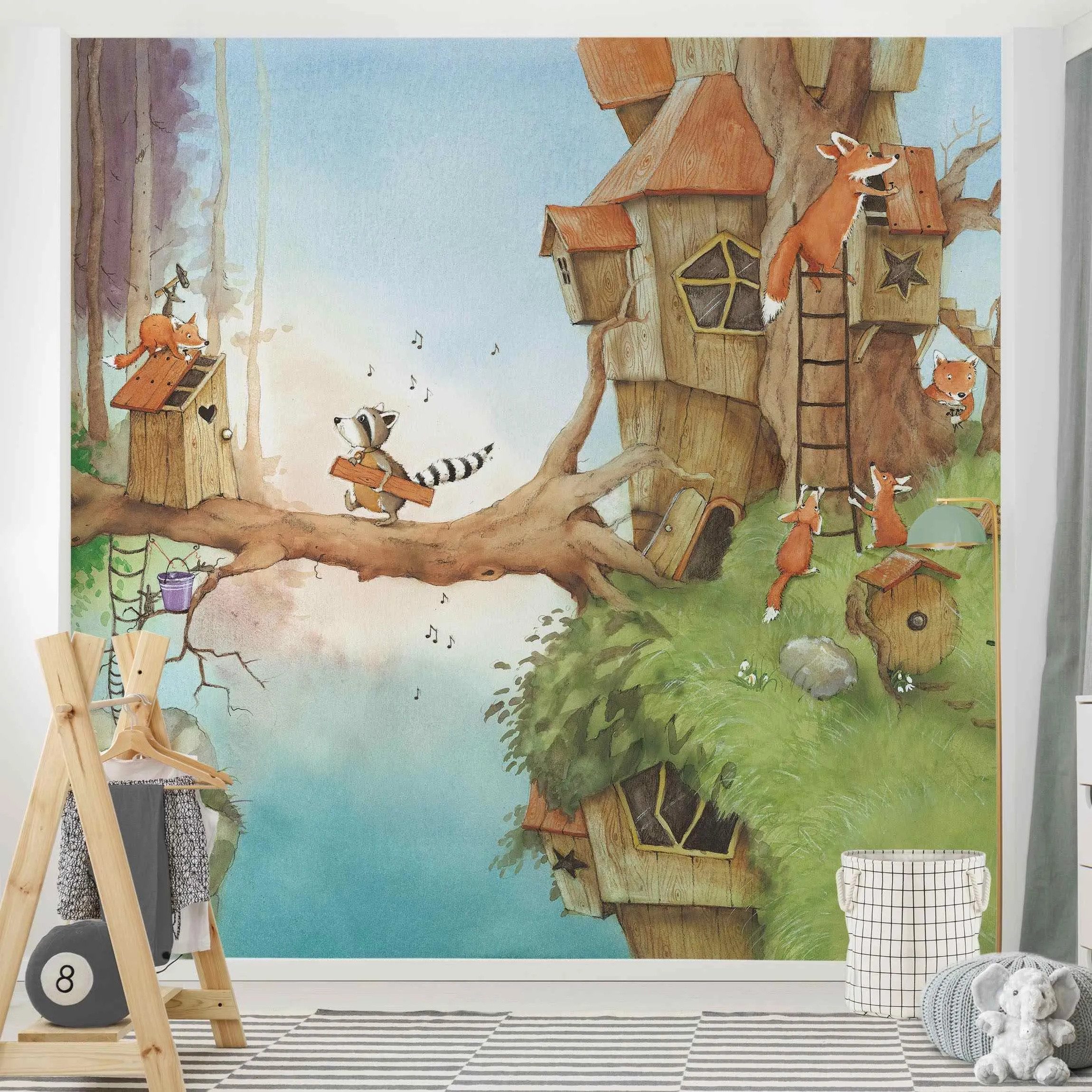 Bilderdepot24 Kindertapete Kinderzimmer Wassili Waschbär Wald Füches Baum K günstig online kaufen