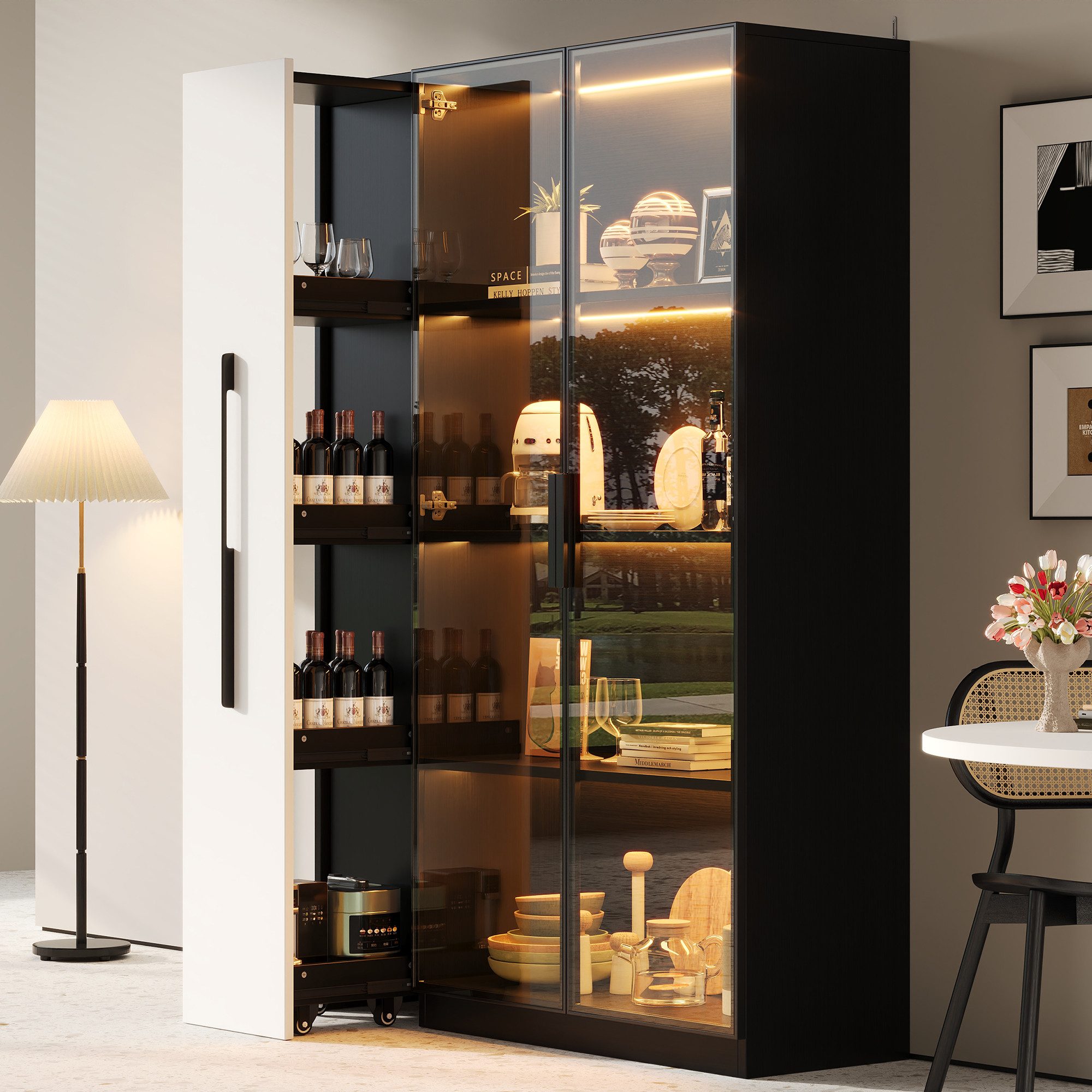 Merax Glasvitrine (2-in-1-Design Multifunktionsschrank Vitrinenschrank, 1-St., 110.5x35x160cm) LED-Vitrine mit Glastür & seitlichem Rollregal,Hochschrank Bücherregal