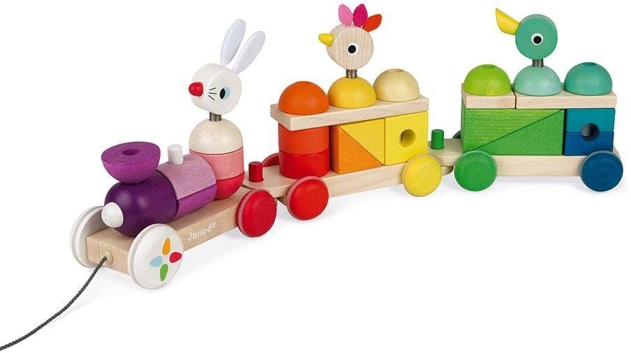 Kaloo Spielzeug-Eisenbahn Holzspielzeug, FSC®- Nachziehzug Zigolos und groß, Wald weltweit Hase, schützt Ente - Huhn