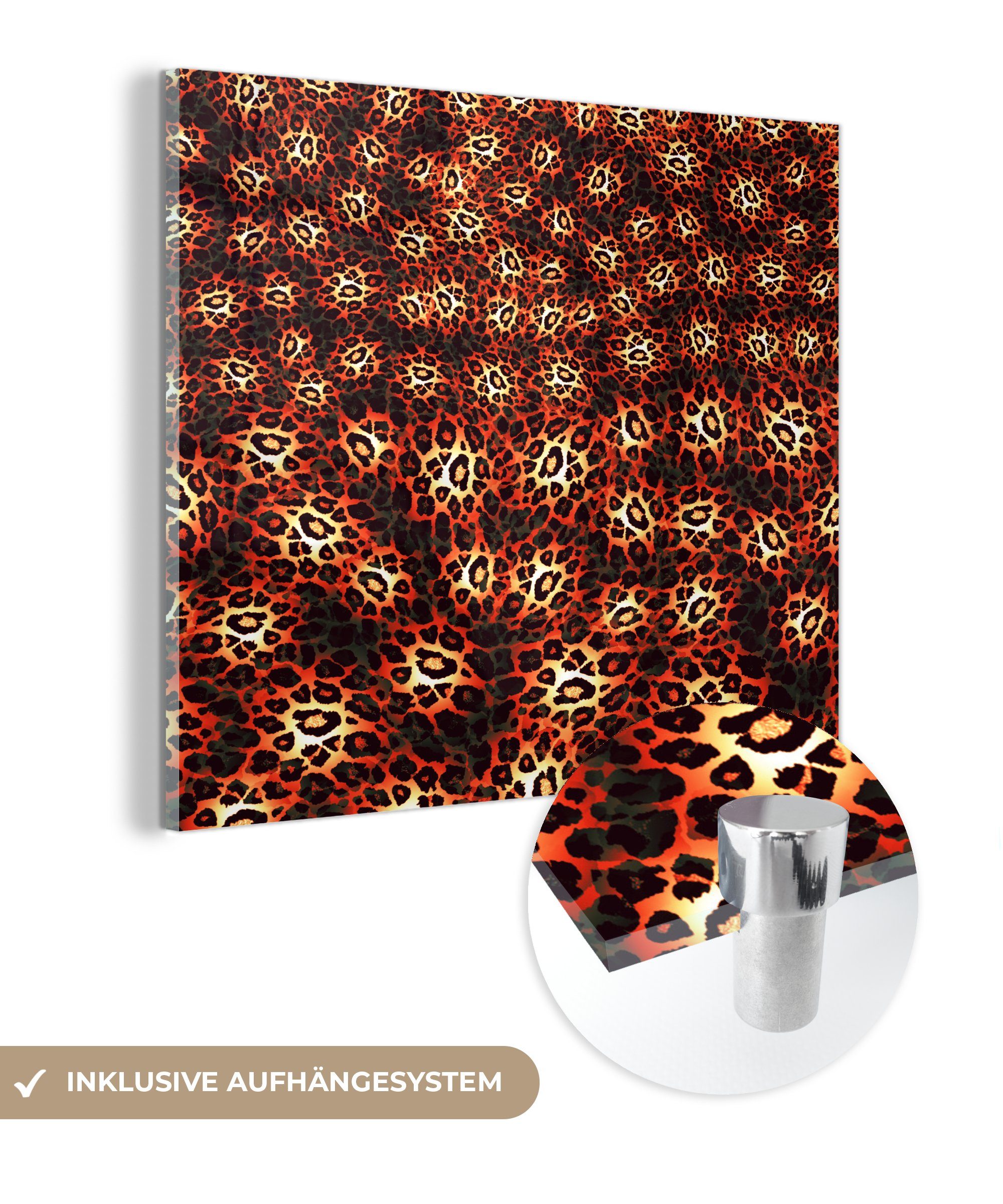 MuchoWow Acrylglasbild Wandbild Bilder Orange, Glas Glasbilder - (1 Leopard auf St), - - - Foto Muster Wanddekoration Glas auf 