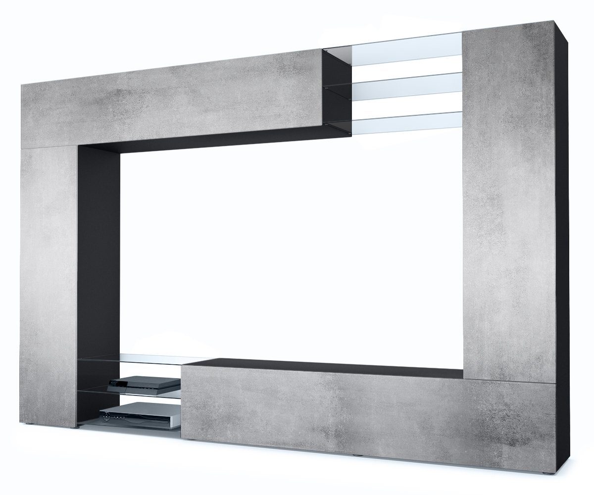 Vladon Wohnwand Mirage, (Anbauwand mit Rückwand mit 2 Türen, 4-St., 2 Klappen und 6 offenen Glasablagen), Schwarz matt/Beton Oxid-Optik (262 x 183 x 39 cm) Front in Beton Oxid Optik