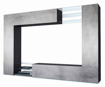 Vladon Wohnwand Mirage, (Anbauwand mit Rückwand mit 2 Türen, 4-St., 2 Klappen und 6 offenen Glasablagen), Schwarz matt/Beton Oxid-Optik (262 x 183 x 39 cm)